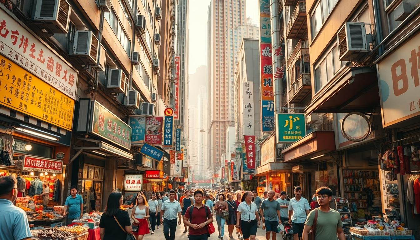 A bustling street scene in Sham Shui Po, Hong Kong, captured through the lens of a wide-angle camera. Vibrant storefronts and street vendors line the sidewalks, creating a lively, dynamic atmosphere. Pedestrians navigate the crowded walkways, their figures illuminated by warm, golden sunlight filtering through the narrow alleyways. In the background, towering apartment buildings and the occasional glimpse of the distant hills add depth and a sense of place. The composition emphasizes the energy and character of this renowned photography hotspot, inviting the viewer to immerse themselves in the rich, urban tapestry of Sham Shui Po. A bustling street scene in Sham Shui Po, Hong Kong, captured through the lens of a wide-angle camera. Vibrant storefronts and street vendors line the sidewalks, creating a lively, dynamic atmosphere. Pedestrians navigate the crowded walkways, their figures illuminated by warm, golden sunlight filtering through the narrow alleyways. In the background, towering apartment buildings and the occasional glimpse of the distant hills add depth and a sense of place. The composition emphasizes the energy and character of this renowned photography hotspot, inviting the viewer to immerse themselves in the rich, urban tapestry of Sham Shui Po.