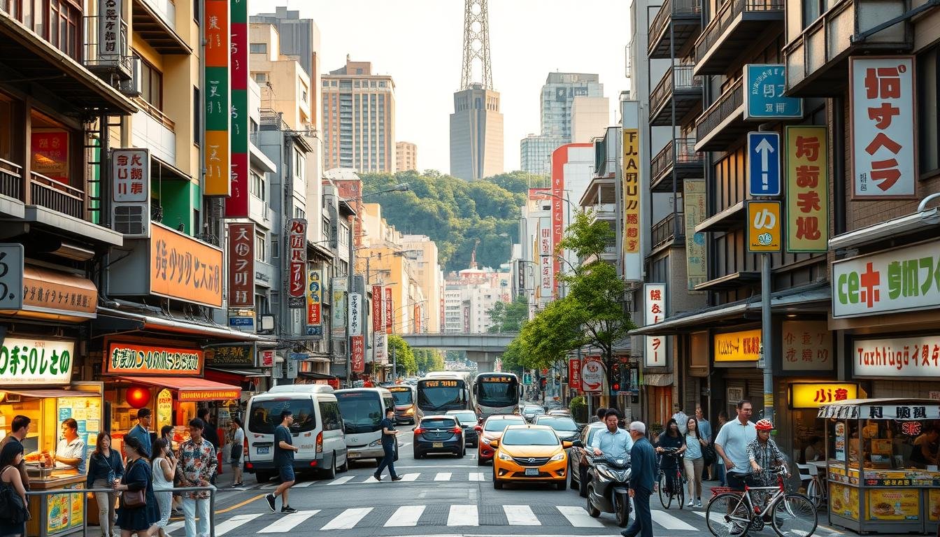 A bustling street scene in a vibrant Japanese city, showcasing an intricate transportation network and an array of mouthwatering local cuisine. In the foreground, pedestrians navigate the crosswalks, passing by colorful food stalls and cozy eateries. The middle ground features a mix of traditional architecture and modern infrastructure, with buses, taxis, and bicycles weaving through the traffic. In the background, towering buildings and lush greenery create a dynamic skyline, bathed in warm, golden light. The overall atmosphere captures the energy and cultural richness of the region, inviting the viewer to explore the transportation options and indulge in the delectable local delights.
