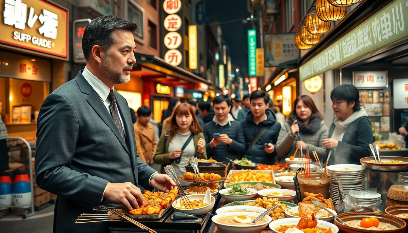 A bustling street scene in a vibrant Japanese city, with a professional tour guide leading a group of enthusiastic tourists through the lively local market. The guide is dressed in a crisp, tailored uniform, exuding an air of expertise and authority. In the foreground, a display of mouthwatering regional delicacies - freshly grilled skewers, steaming bowls of ramen, and an array of colorful, artfully presented desserts. The middle ground features the tour group, captivated by the guide's animated explanations, surrounded by the sights, sounds, and aromas of the bustling market. The background is a tapestry of traditional architecture, neon-lit signage, and the hustle and bustle of the city streets. Warm, golden lighting casts a inviting glow over the scene, creating a sense of immersive, sensory-rich experience. A bustling street scene in a vibrant Japanese city, with a professional tour guide leading a group of enthusiastic tourists through the lively local market. The guide is dressed in a crisp, tailored uniform, exuding an air of expertise and authority. In the foreground, a display of mouthwatering regional delicacies - freshly grilled skewers, steaming bowls of ramen, and an array of colorful, artfully presented desserts. The middle ground features the tour group, captivated by the guide's animated explanations, surrounded by the sights, sounds, and aromas of the bustling market. The background is a tapestry of traditional architecture, neon-lit signage, and the hustle and bustle of the city streets. Warm, golden lighting casts a inviting glow over the scene, creating a sense of immersive, sensory-rich experience.