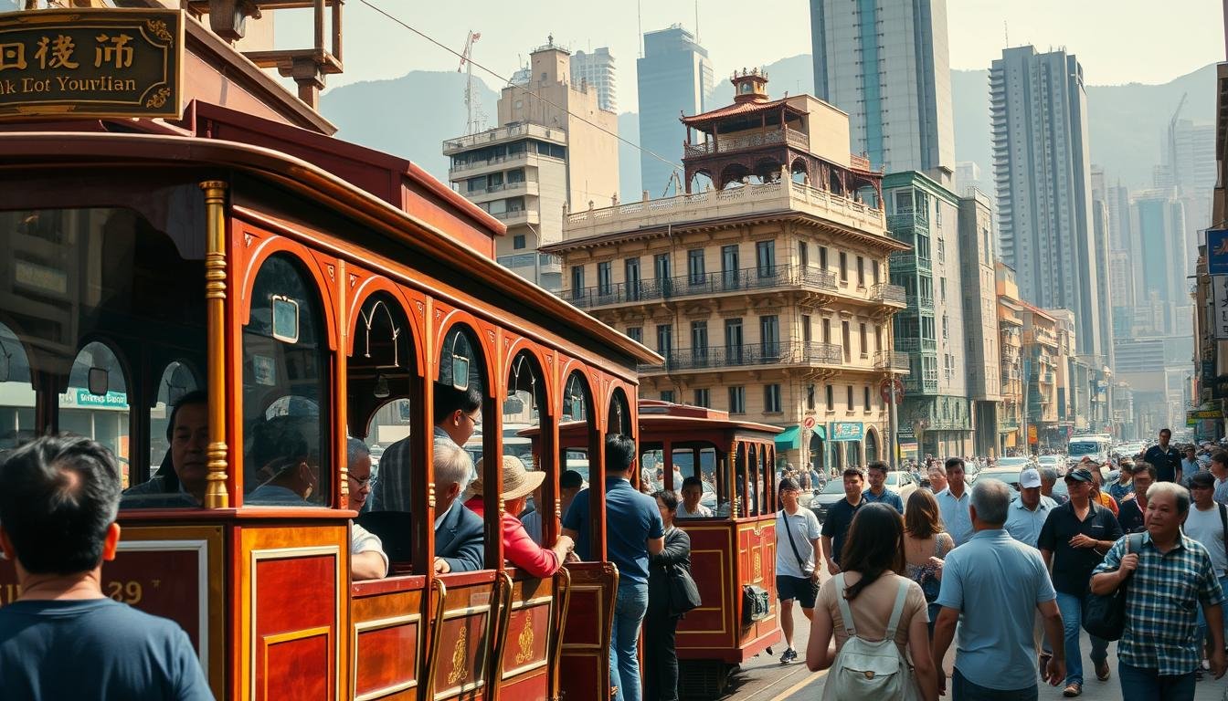 A bustling street scene in old Hong Kong, capturing the iconic Ding Ding trams that have traversed the city's central district for over a century. The foreground features a meticulously detailed tram, its polished brass fittings and wooden interior gleaming in the warm afternoon light. Passengers, both young and old, board and disembark, their faces reflecting the tram's role as a vital artery connecting the city. In the middle ground, historic buildings with ornate colonial architecture line the street, their facades weathered by time. The background is a hazy skyline, with skyscrapers and modern high-rises rising above, symbolizing Hong Kong's evolution while honoring its cherished heritage. A cinematic composition capturing the timeless character and cultural significance of the Ding Ding trams, the heart of Hong Kong's urban landscape.