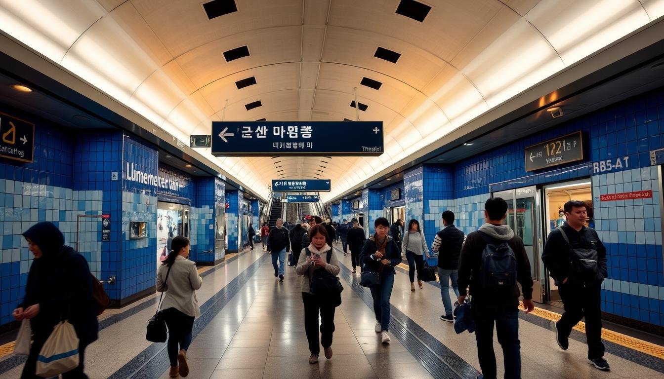 A bustling subway station in Seoul's Myeongdong district, illuminated by warm lighting and filled with commuters navigating the platforms. The station's distinctive blue and white tiled walls and arched ceilings create a harmonious, modern aesthetic. Passengers hurry through the concourse, their silhouettes captured against the bright, clean surfaces. Directional signs point the way to various exits, guiding travelers deeper into the vibrant neighborhood. The scene conveys the convenience and efficiency of Seoul's efficient public transportation system, setting the stage for an exploration of the nearby Myeongdong theater and its lively surroundings.