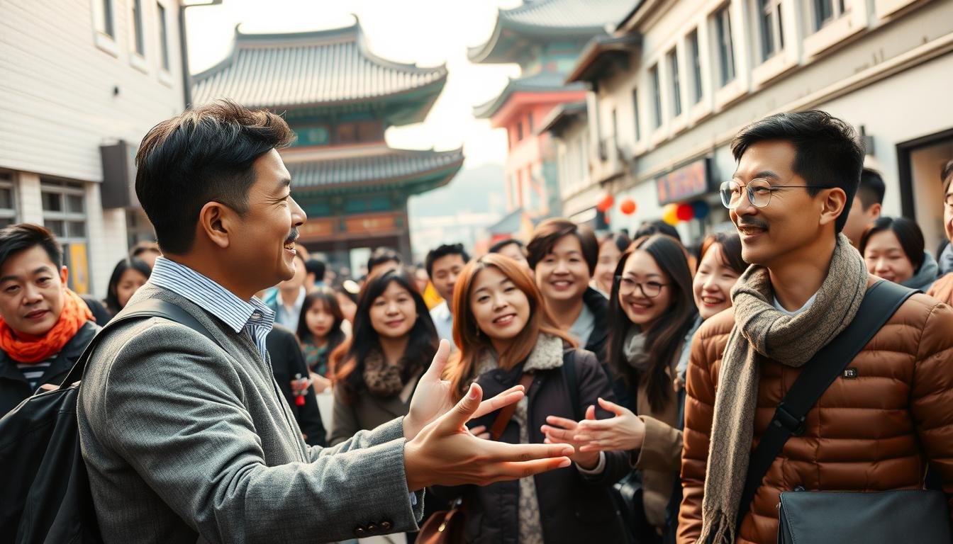 A bustling tour group in Seoul, South Korea. In the foreground, a professional tour guide gestures animatedly, engaging a group of attentive tourists. The guide's welcoming demeanor and crisp, neatly-pressed uniform exude a sense of authority and expertise. The tourists, a diverse mix of ages and nationalities, lean in, captivated by the guide's vivid explanations, their expressions a blend of curiosity and excitement. In the middle ground, the group moves through a picturesque street, traditional Korean architecture framing the scene. Soft, diffused lighting casts a warm, inviting glow, enhancing the sense of an immersive cultural experience. The background features the vibrant energy of the bustling city, hinting at the adventure and discoveries that lie ahead for the tour group. A bustling tour group in Seoul, South Korea. In the foreground, a professional tour guide gestures animatedly, engaging a group of attentive tourists. The guide's welcoming demeanor and crisp, neatly-pressed uniform exude a sense of authority and expertise. The tourists, a diverse mix of ages and nationalities, lean in, captivated by the guide's vivid explanations, their expressions a blend of curiosity and excitement. In the middle ground, the group moves through a picturesque street, traditional Korean architecture framing the scene. Soft, diffused lighting casts a warm, inviting glow, enhancing the sense of an immersive cultural experience. The background features the vibrant energy of the bustling city, hinting at the adventure and discoveries that lie ahead for the tour group.
