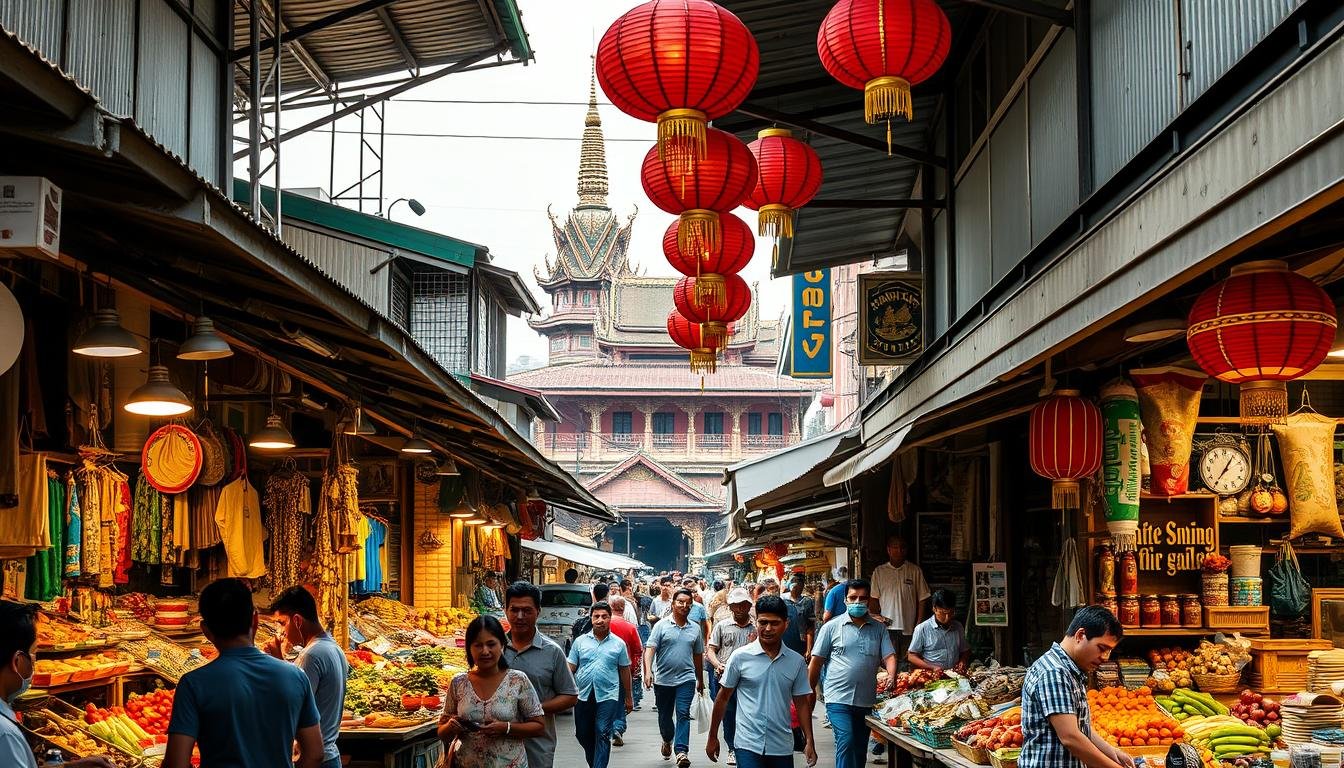 A bustling traditional Thai market, Sampeng Market in Bangkok's Chinatown, with rows of weathered wooden stalls and corrugated metal roofs. Shopkeepers haggle and call out to passersby, offering an array of fresh produce, dried goods, and household wares. Vibrant red and gold lanterns hang overhead, casting a warm glow across the scene. Narrow alleyways wind through the market, filled with the aromas of sizzling street food and the chatter of local shoppers. In the background, the ornate architecture of historic temples and shophouses creates a picturesque urban landscape. The image captures the lively, authentic atmosphere of this beloved local market. A bustling traditional Thai market, Sampeng Market in Bangkok's Chinatown, with rows of weathered wooden stalls and corrugated metal roofs. Shopkeepers haggle and call out to passersby, offering an array of fresh produce, dried goods, and household wares. Vibrant red and gold lanterns hang overhead, casting a warm glow across the scene. Narrow alleyways wind through the market, filled with the aromas of sizzling street food and the chatter of local shoppers. In the background, the ornate architecture of historic temples and shophouses creates a picturesque urban landscape. The image captures the lively, authentic atmosphere of this beloved local market.