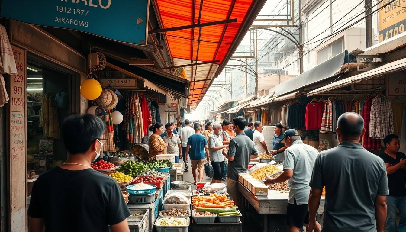 A bustling traditional market in Bangkok, Wang Lang Market comes alive with vibrant colors, lively energy, and the tantalizing aromas of local cuisine. Capture the chaos of this urban marketplace, where vendors hawk their wares under the warm tropical sun. See the intricate displays of fresh produce, fragrant spices, and handcrafted goods as shoppers weave through the crowded stalls. Focus on the intricate details - the weathered wood of the market stalls, the worn textures of fabrics and textiles, the glistening surfaces of freshly prepared street food. Convey the lively atmosphere with a wide-angle lens, showcasing the bustling crowds and the interplay of light and shadow throughout the market. Evoke a sense of immersion, allowing the viewer to feel transported to the heart of this authentic, time-honored local experience. A bustling traditional market in Bangkok, Wang Lang Market comes alive with vibrant colors, lively energy, and the tantalizing aromas of local cuisine. Capture the chaos of this urban marketplace, where vendors hawk their wares under the warm tropical sun. See the intricate displays of fresh produce, fragrant spices, and handcrafted goods as shoppers weave through the crowded stalls. Focus on the intricate details - the weathered wood of the market stalls, the worn textures of fabrics and textiles, the glistening surfaces of freshly prepared street food. Convey the lively atmosphere with a wide-angle lens, showcasing the bustling crowds and the interplay of light and shadow throughout the market. Evoke a sense of immersion, allowing the viewer to feel transported to the heart of this authentic, time-honored local experience.