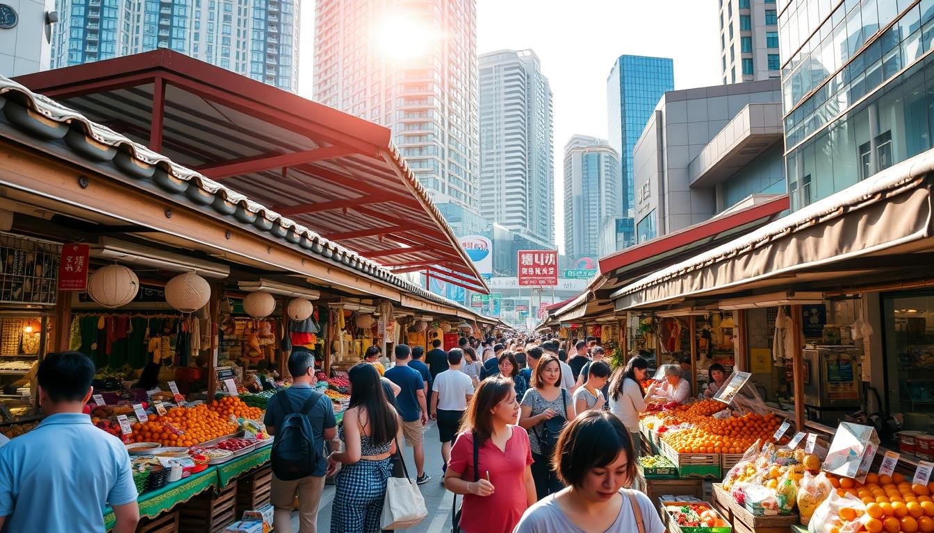 A bustling traditional market in Busan, South Korea, with vibrant stalls selling local produce, handicrafts, and street food. In the background, modern high-rise buildings and sleek shopping malls reflect the city's dynamic blend of heritage and modernity. Warm sunlight filters through the canopies, casting a golden glow over the lively scene. Shoppers weave through the crowd, examining the diverse wares on offer. The atmosphere is a captivating fusion of old and new, where the charm of Busan's cultural roots intertwines with its contemporary retail landscape.