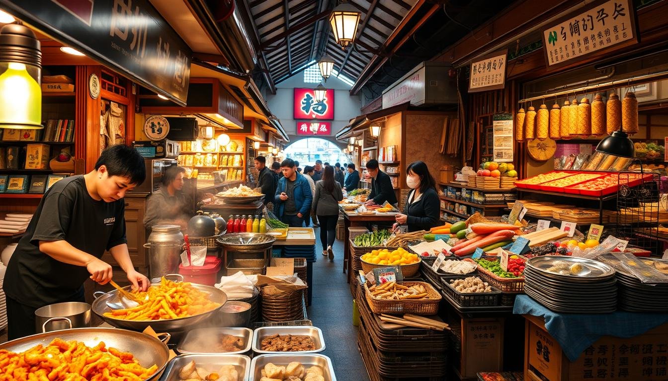 A bustling traditional market in Busan, South Korea, with vibrant stalls showcasing an array of local delicacies. In the foreground, artisanal street food vendors sizzle up mouthwatering dishes, their aromas wafting through the air. In the middle ground, shoppers browse through an eclectic mix of fresh produce, handcrafted goods, and regional specialties. The background is filled with the charming architectural details of the historic market, creating a warm, immersive atmosphere. Soft, diffused lighting illuminates the scene, casting a golden glow and highlighting the vibrant colors and textures of the market. The overall composition captures the essence of the traditional Busan food experience, inviting the viewer to step into the bustling, authentic atmosphere.