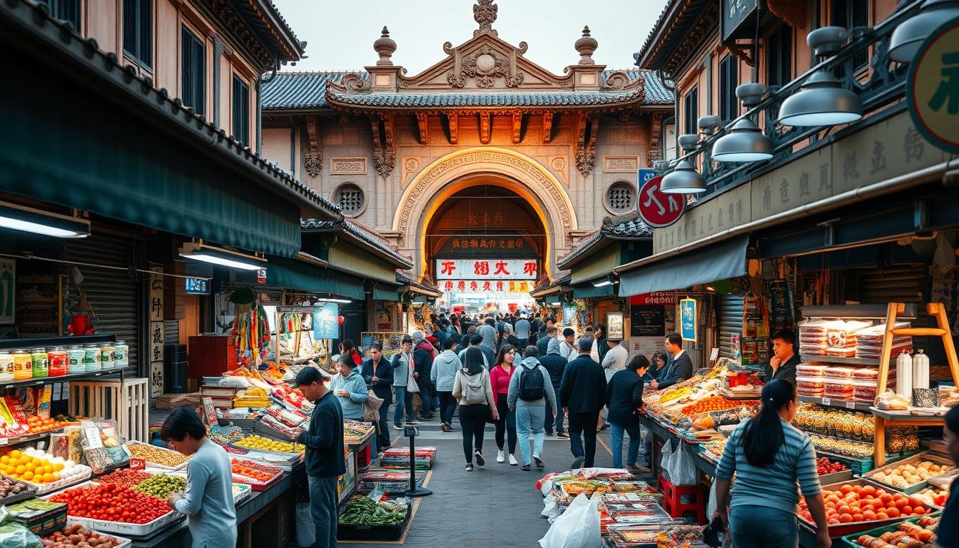 A bustling traditional marketplace in Busan, South Korea, captured in vibrant detail. In the foreground, rows of colorful stalls offer an array of fresh produce, handmade crafts, and local delicacies. The middle ground is filled with the energetic movement of shoppers, haggling with merchants and sampling flavors. In the background, the historic architecture of the market provides a timeless backdrop, with intricate details and a warm, golden lighting illuminating the scene. The overall atmosphere exudes a sense of cultural immersion, inviting the viewer to step into the heart of Busan's thriving traditional marketplace.
