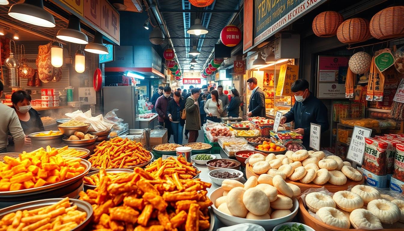 A bustling traditional marketplace in Wangsimni, Seoul, Korea. The foreground showcases an array of vibrant and mouthwatering Korean street food - sizzling tteokbokki, juicy Korean fried chicken, savory seafood pancakes, and steaming hot rice cakes. In the middle ground, stalls display an enticing selection of locally sourced produce, artisanal handicrafts, and unique Korean snacks and confections. The background is filled with the lively atmosphere of the market, with bustling crowds navigating through narrow alleyways and the sounds of vendors calling out their offerings. The lighting is warm and natural, casting a cozy glow over the entire scene, inviting viewers to immerse themselves in the authentic flavors and energy of this iconic Korean traditional market. A bustling traditional marketplace in Wangsimni, Seoul, Korea. The foreground showcases an array of vibrant and mouthwatering Korean street food - sizzling tteokbokki, juicy Korean fried chicken, savory seafood pancakes, and steaming hot rice cakes. In the middle ground, stalls display an enticing selection of locally sourced produce, artisanal handicrafts, and unique Korean snacks and confections. The background is filled with the lively atmosphere of the market, with bustling crowds navigating through narrow alleyways and the sounds of vendors calling out their offerings. The lighting is warm and natural, casting a cozy glow over the entire scene, inviting viewers to immerse themselves in the authentic flavors and energy of this iconic Korean traditional market.