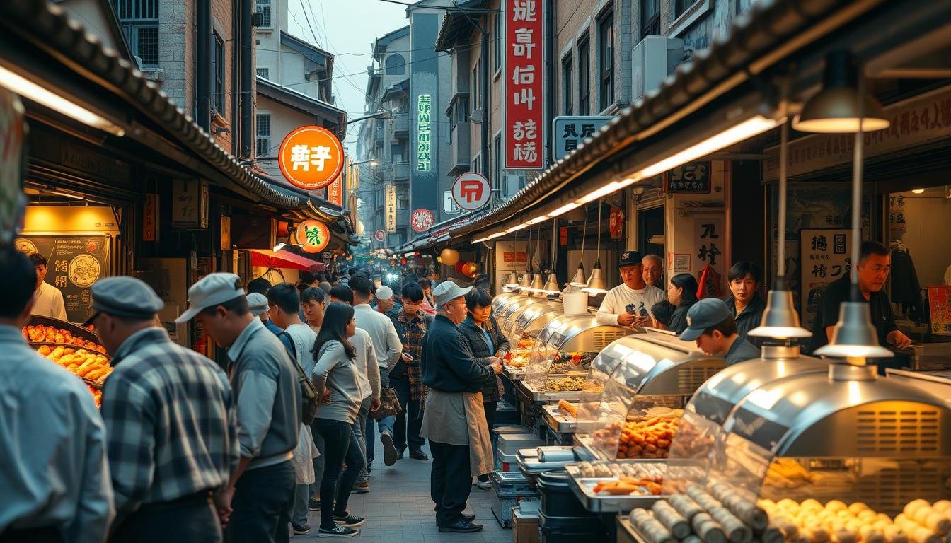 A bustling traditional street market in the heart of Seoul, filled with the sights, sounds, and aromas of authentic Korean cuisine. Rows of brightly-colored stalls offer an array of freshly-prepared dishes, from sizzling meat skewers to steaming dumplings. Weathered vendors in traditional garments skillfully prepare their specialties, while locals and tourists alike navigate the lively crowds. The scene is bathed in warm, golden light, casting a cozy, inviting atmosphere over the historic buildings and neon signs that line the narrow alleyways. A truly immersive experience of Seoul's vibrant food culture and enduring market traditions. A bustling traditional street market in the heart of Seoul, filled with the sights, sounds, and aromas of authentic Korean cuisine. Rows of brightly-colored stalls offer an array of freshly-prepared dishes, from sizzling meat skewers to steaming dumplings. Weathered vendors in traditional garments skillfully prepare their specialties, while locals and tourists alike navigate the lively crowds. The scene is bathed in warm, golden light, casting a cozy, inviting atmosphere over the historic buildings and neon signs that line the narrow alleyways. A truly immersive experience of Seoul's vibrant food culture and enduring market traditions.