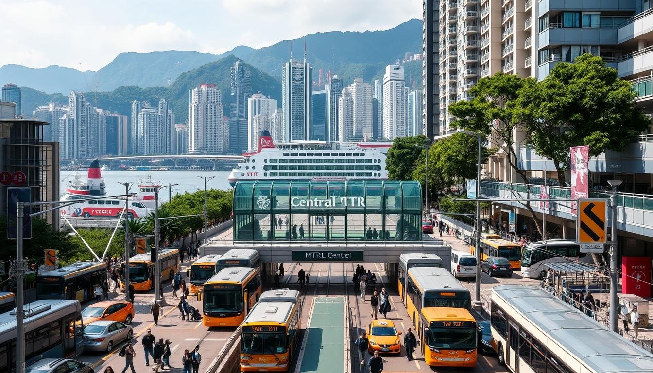 A bustling transportation hub in the heart of Hong Kong's Central district, showcasing the seamless integration of public transit options. The scene depicts a panoramic view of the area, with the iconic high-rise buildings and lush hills forming a dramatic backdrop. In the foreground, pedestrians navigate the busy streets, while buses, trams, and taxis weave through the traffic. The middle ground features the entrance to the Central MTR station, its modern architecture and signage guiding commuters. In the distance, the iconic Star Ferry terminal can be seen, its distinctive green-and-white vessels ready to ferry passengers across the iconic Victoria Harbour. The lighting is crisp and natural, capturing the vibrant energy of this crucial transportation hub. A bustling transportation hub in the heart of Hong Kong's Central district, showcasing the seamless integration of public transit options. The scene depicts a panoramic view of the area, with the iconic high-rise buildings and lush hills forming a dramatic backdrop. In the foreground, pedestrians navigate the busy streets, while buses, trams, and taxis weave through the traffic. The middle ground features the entrance to the Central MTR station, its modern architecture and signage guiding commuters. In the distance, the iconic Star Ferry terminal can be seen, its distinctive green-and-white vessels ready to ferry passengers across the iconic Victoria Harbour. The lighting is crisp and natural, capturing the vibrant energy of this crucial transportation hub.
