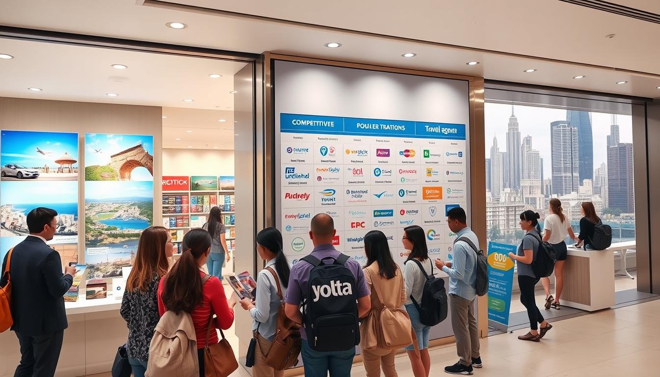 A bustling travel agency storefront, with a large window display showcasing a diverse array of travel destinations and packages. The interior is brightly lit, with sleek modern furnishings and a professional staff assisting customers. In the foreground, a group of tourists consult with agents, examining brochures and itineraries. The middle ground features a wall-mounted display highlighting the competitive offerings of various popular travel agencies, allowing for easy side-by-side comparison. The background depicts a cityscape out the window, hinting at the exciting international destinations these agencies can provide access to. The overall scene conveys an atmosphere of professionalism, variety, and the promise of memorable travels. A bustling travel agency storefront, with a large window display showcasing a diverse array of travel destinations and packages. The interior is brightly lit, with sleek modern furnishings and a professional staff assisting customers. In the foreground, a group of tourists consult with agents, examining brochures and itineraries. The middle ground features a wall-mounted display highlighting the competitive offerings of various popular travel agencies, allowing for easy side-by-side comparison. The background depicts a cityscape out the window, hinting at the exciting international destinations these agencies can provide access to. The overall scene conveys an atmosphere of professionalism, variety, and the promise of memorable travels.