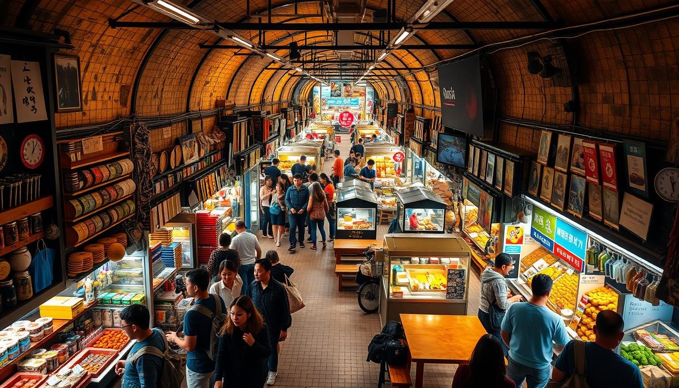 A bustling underground marketplace, brimming with vibrant stalls showcasing an eclectic array of handmade crafts, artisanal goods, and tantalizing street food. Warm lighting casts a cozy glow, accentuating the textured walls and rustic wooden displays. Shoppers meander through the maze of narrow aisles, immersed in the lively atmosphere of independent vendors and the enticing aromas of sizzling pan-fried dumplings, fragrant spices, and freshly brewed coffee. In the center, a sprawling food court offers a diverse culinary journey, with clusters of wooden tables and benches surrounded by an eclectic mix of casual dining stalls, each showcasing the vibrant flavors of Korean cuisine. The scene exudes a palpable sense of energy and creativity, inviting visitors to discover the hidden gems of this underground shopping and dining haven. A bustling underground marketplace, brimming with vibrant stalls showcasing an eclectic array of handmade crafts, artisanal goods, and tantalizing street food. Warm lighting casts a cozy glow, accentuating the textured walls and rustic wooden displays. Shoppers meander through the maze of narrow aisles, immersed in the lively atmosphere of independent vendors and the enticing aromas of sizzling pan-fried dumplings, fragrant spices, and freshly brewed coffee. In the center, a sprawling food court offers a diverse culinary journey, with clusters of wooden tables and benches surrounded by an eclectic mix of casual dining stalls, each showcasing the vibrant flavors of Korean cuisine. The scene exudes a palpable sense of energy and creativity, inviting visitors to discover the hidden gems of this underground shopping and dining haven.