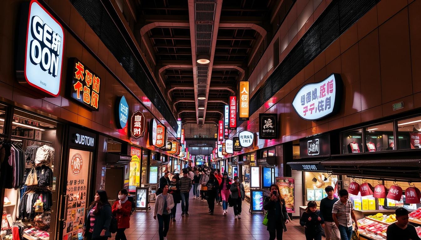 A bustling underground shopping district in the heart of Yongdeungpo, Seoul. The spacious, well-lit concourse is lined with charming storefronts, their facades adorned with neon signs and colorful displays. Shoppers meander through the throngs, browsing an eclectic array of fashion, accessories, electronics, and local street food stalls. Warm, diffused lighting casts a cozy glow, while sleek, modern architecture provides an elegant backdrop. The atmosphere is lively and inviting, capturing the vibrant essence of this beloved urban destination. A bustling underground shopping district in the heart of Yongdeungpo, Seoul. The spacious, well-lit concourse is lined with charming storefronts, their facades adorned with neon signs and colorful displays. Shoppers meander through the throngs, browsing an eclectic array of fashion, accessories, electronics, and local street food stalls. Warm, diffused lighting casts a cozy glow, while sleek, modern architecture provides an elegant backdrop. The atmosphere is lively and inviting, capturing the vibrant essence of this beloved urban destination.