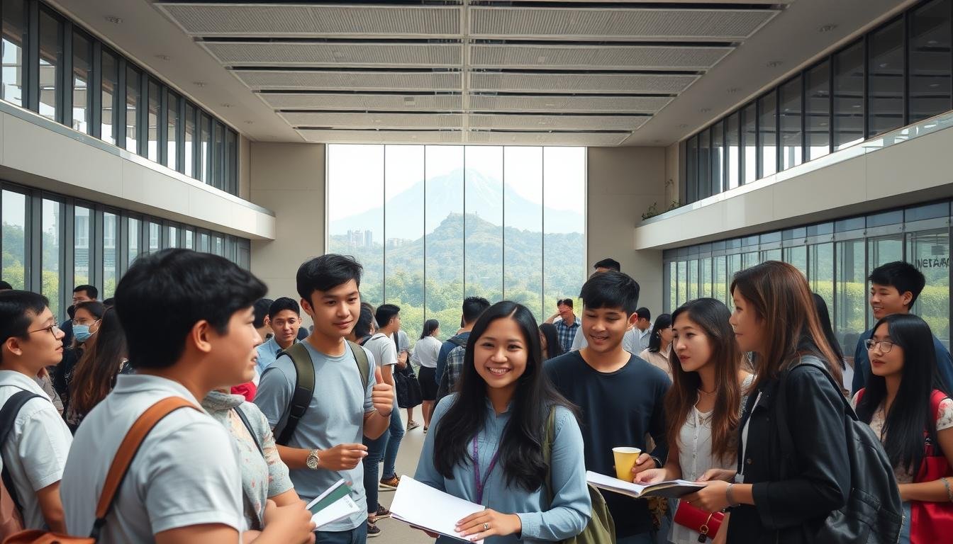 A bustling university campus in Chiang Mai, Thailand, with students from diverse backgrounds engaged in lively discussions and collaborative projects. The foreground showcases a group of young people from different nationalities, exchanging ideas and sharing knowledge. In the middle ground, a modern lecture hall with floor-to-ceiling windows allows natural light to stream in, creating a warm and inviting atmosphere. The background features the iconic Doi Suthep mountain range, a picturesque backdrop that symbolizes the city's rich cultural heritage. The scene conveys a sense of intellectual vibrancy, global connectivity, and the city's commitment to international education and exchange. A bustling university campus in Chiang Mai, Thailand, with students from diverse backgrounds engaged in lively discussions and collaborative projects. The foreground showcases a group of young people from different nationalities, exchanging ideas and sharing knowledge. In the middle ground, a modern lecture hall with floor-to-ceiling windows allows natural light to stream in, creating a warm and inviting atmosphere. The background features the iconic Doi Suthep mountain range, a picturesque backdrop that symbolizes the city's rich cultural heritage. The scene conveys a sense of intellectual vibrancy, global connectivity, and the city's commitment to international education and exchange.