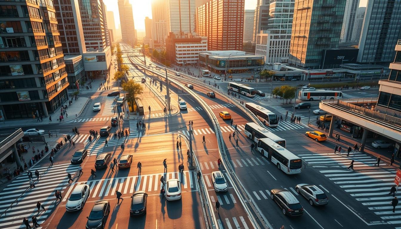 A bustling urban intersection with a dynamic flow of traffic, showcased through a cinematic aerial perspective. Commuters navigate the intricate network of roads, sidewalks, and public transit hubs, creating a seamless choreography of movement. Sleek vehicles, from compact cars to articulated buses, glide through the scene, while pedestrians weave between them, their paths guided by well-marked crossings and signage. The background features a modern cityscape, with towering skyscrapers and gleaming high-rise buildings, bathed in warm, golden light that casts long shadows across the scene. The overall composition conveys a sense of efficiency, interconnectedness, and the harmonious integration of different modes of transportation within the urban landscape. A bustling urban intersection with a dynamic flow of traffic, showcased through a cinematic aerial perspective. Commuters navigate the intricate network of roads, sidewalks, and public transit hubs, creating a seamless choreography of movement. Sleek vehicles, from compact cars to articulated buses, glide through the scene, while pedestrians weave between them, their paths guided by well-marked crossings and signage. The background features a modern cityscape, with towering skyscrapers and gleaming high-rise buildings, bathed in warm, golden light that casts long shadows across the scene. The overall composition conveys a sense of efficiency, interconnectedness, and the harmonious integration of different modes of transportation within the urban landscape.