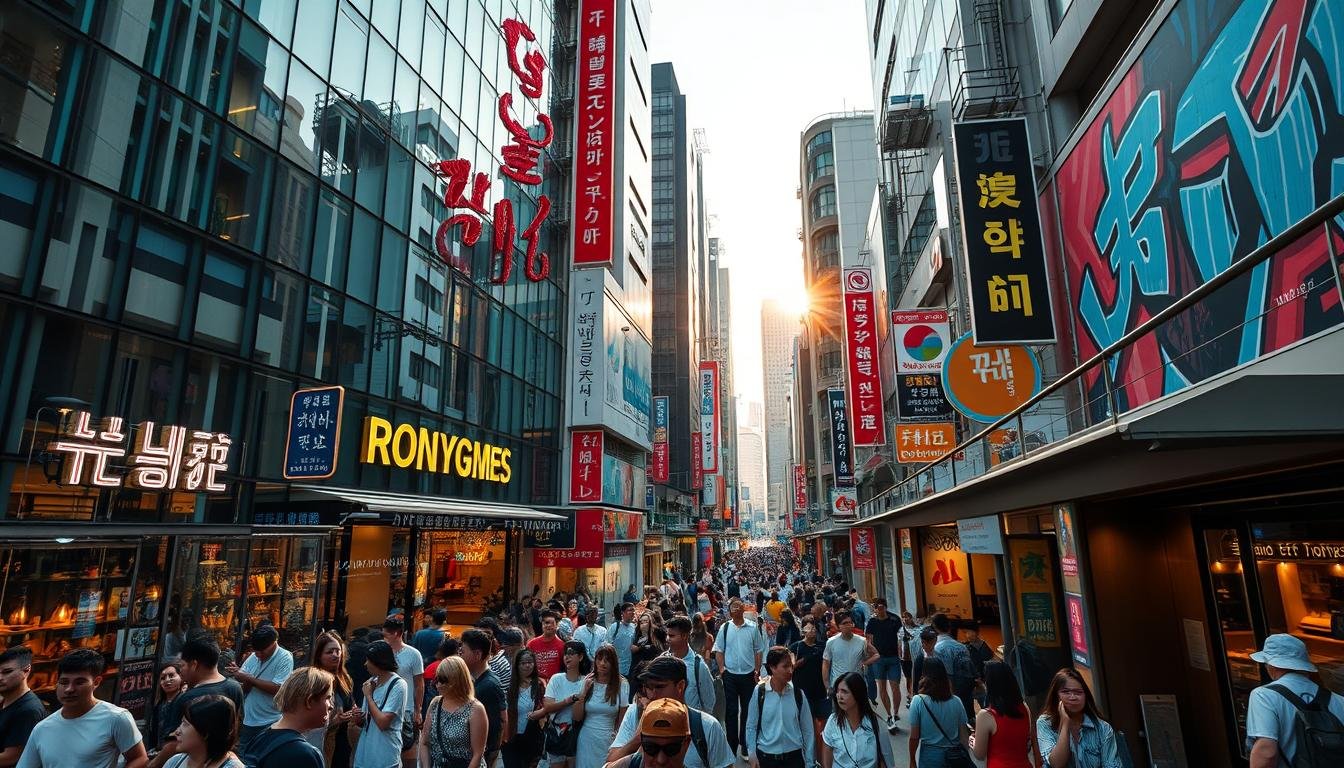 A bustling urban landscape, a modern shopping district in Seoul, South Korea. Sleek glass facades reflect the vibrant energy of the streets, where fashionable crowds gather. Neon signs and bold murals adorn the buildings, creating a vibrant visual atmosphere. Trendy cafes, artisanal shops, and independent boutiques line the sidewalks, catering to the stylish, creative crowd. Warm afternoon sunlight filters through the cityscape, casting a warm glow over the scene. Wide-angle lens captures the full dynamism of this trendy, cultural hotspot, a haven for Seoul's young, urban creatives. A bustling urban landscape, a modern shopping district in Seoul, South Korea. Sleek glass facades reflect the vibrant energy of the streets, where fashionable crowds gather. Neon signs and bold murals adorn the buildings, creating a vibrant visual atmosphere. Trendy cafes, artisanal shops, and independent boutiques line the sidewalks, catering to the stylish, creative crowd. Warm afternoon sunlight filters through the cityscape, casting a warm glow over the scene. Wide-angle lens captures the full dynamism of this trendy, cultural hotspot, a haven for Seoul's young, urban creatives.