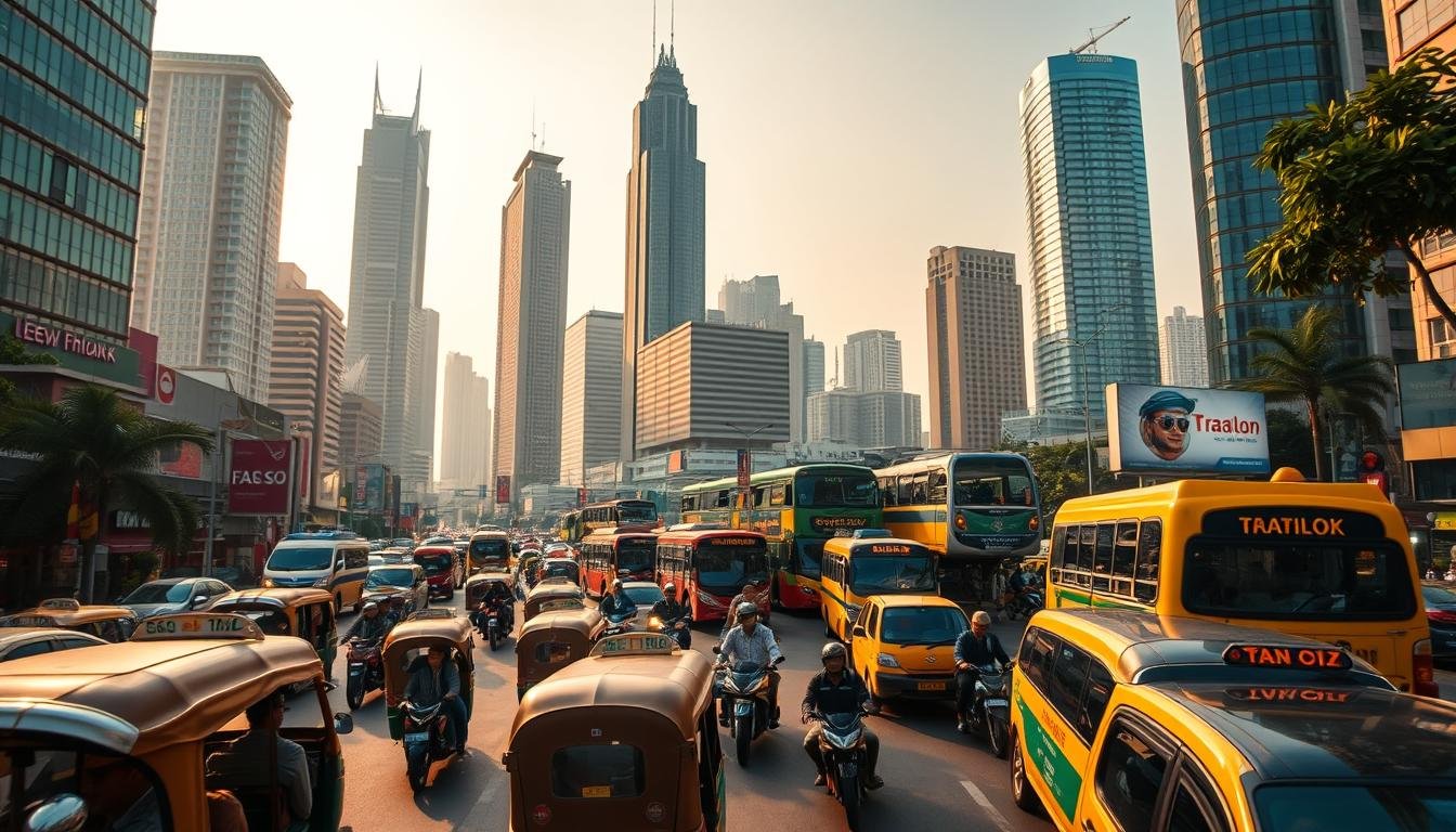 A bustling urban landscape in Bangkok, Thailand, captured through the lens of a wide-angle camera. The foreground showcases the vibrant and chaotic traffic, with a diverse array of vehicles - tuk-tuks, taxis, motorbikes, and buses - navigating the congested streets under the warm, golden-hour lighting. The middle ground reveals the iconic high-rise buildings and skyscrapers that define the city's skyline, their reflective surfaces glimmering in the afternoon sun. In the background, a hazy, atmospheric quality sets the scene, conveying the sense of the city's energy and dynamism. The overall mood is one of bustling activity and the unique character of Bangkok's transportation system, capturing the essence of the "Local Transportation and Communication Guide" section of the travel article.