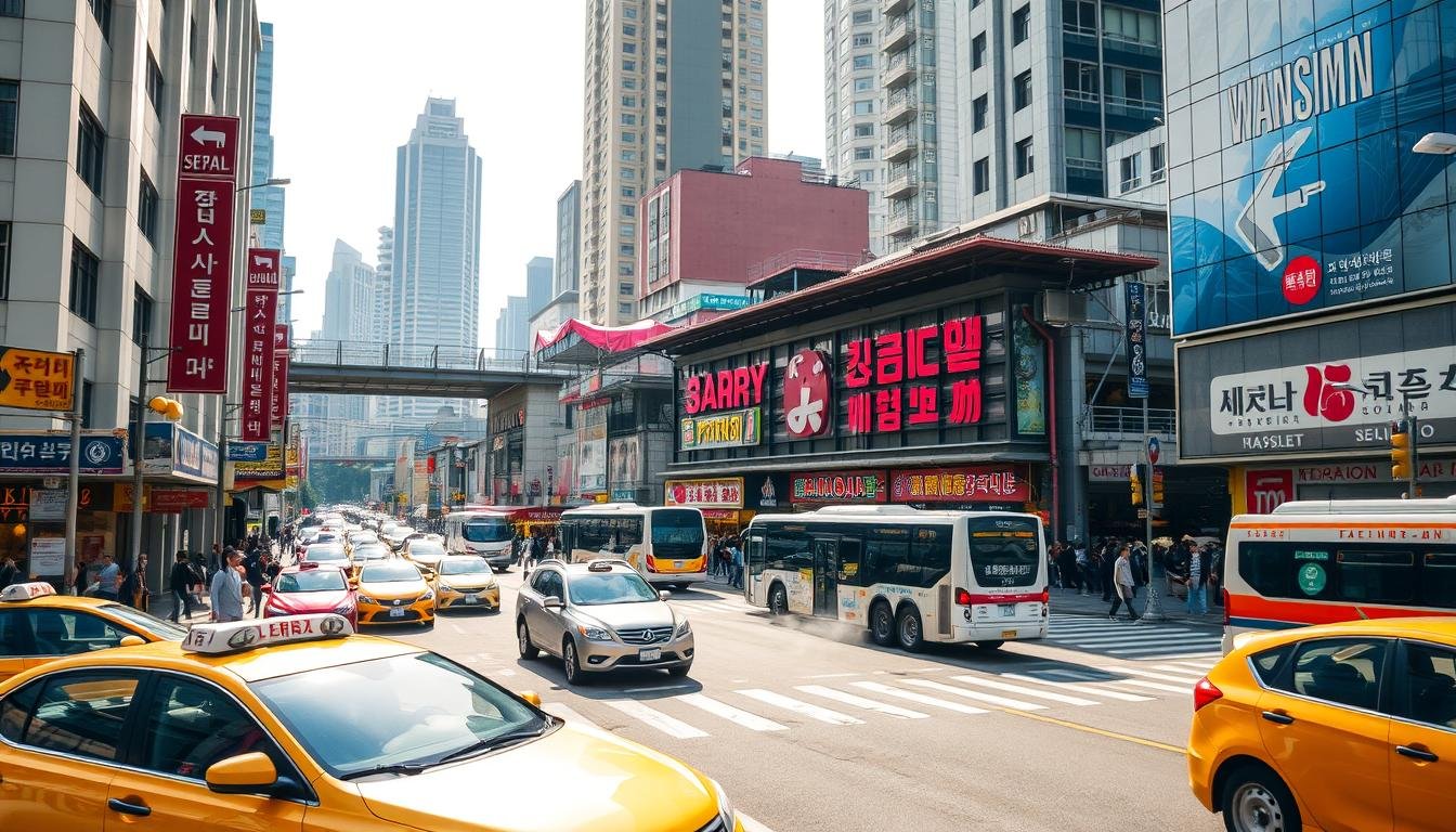 A bustling urban scene at Wangsimni Market in Seoul, South Korea. The foreground features a busy intersection with a diverse mix of transportation modes - taxis, buses, and pedestrians navigating the crosswalks. In the middle ground, the market's vibrant facades and signage come into view, showcasing the variety of shops and eateries. The background is framed by towering high-rises and modern infrastructure, creating a dynamic contrast between traditional and contemporary elements. The lighting is natural, with warm tones that evoke the lively atmosphere of this iconic Seoul destination. A wide-angle lens captures the bustling energy and practical transportation options available to those exploring this celebrated local market. A bustling urban scene at Wangsimni Market in Seoul, South Korea. The foreground features a busy intersection with a diverse mix of transportation modes - taxis, buses, and pedestrians navigating the crosswalks. In the middle ground, the market's vibrant facades and signage come into view, showcasing the variety of shops and eateries. The background is framed by towering high-rises and modern infrastructure, creating a dynamic contrast between traditional and contemporary elements. The lighting is natural, with warm tones that evoke the lively atmosphere of this iconic Seoul destination. A wide-angle lens captures the bustling energy and practical transportation options available to those exploring this celebrated local market.