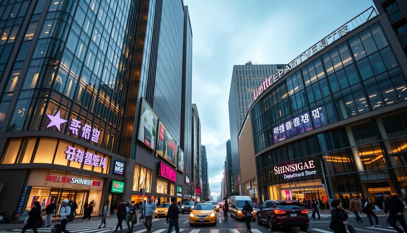 A bustling urban scene in Busan, South Korea, featuring the iconic facades of Lotte Department Store and Shinsegae Department Store. The towering glass and steel structures stand as beacons of modern retail, their vibrant signage and architectural details capturing the energy of the city. Pedestrians navigate the bustling sidewalks, immersed in the captivating window displays and the rhythmic flow of traffic. Warm, diffused lighting casts a welcoming glow, inviting shoppers to explore the diverse offerings within these retail meccas. The scene conveys the excitement and allure of Busan's premier shopping destinations, where the latest trends and timeless traditions converge.