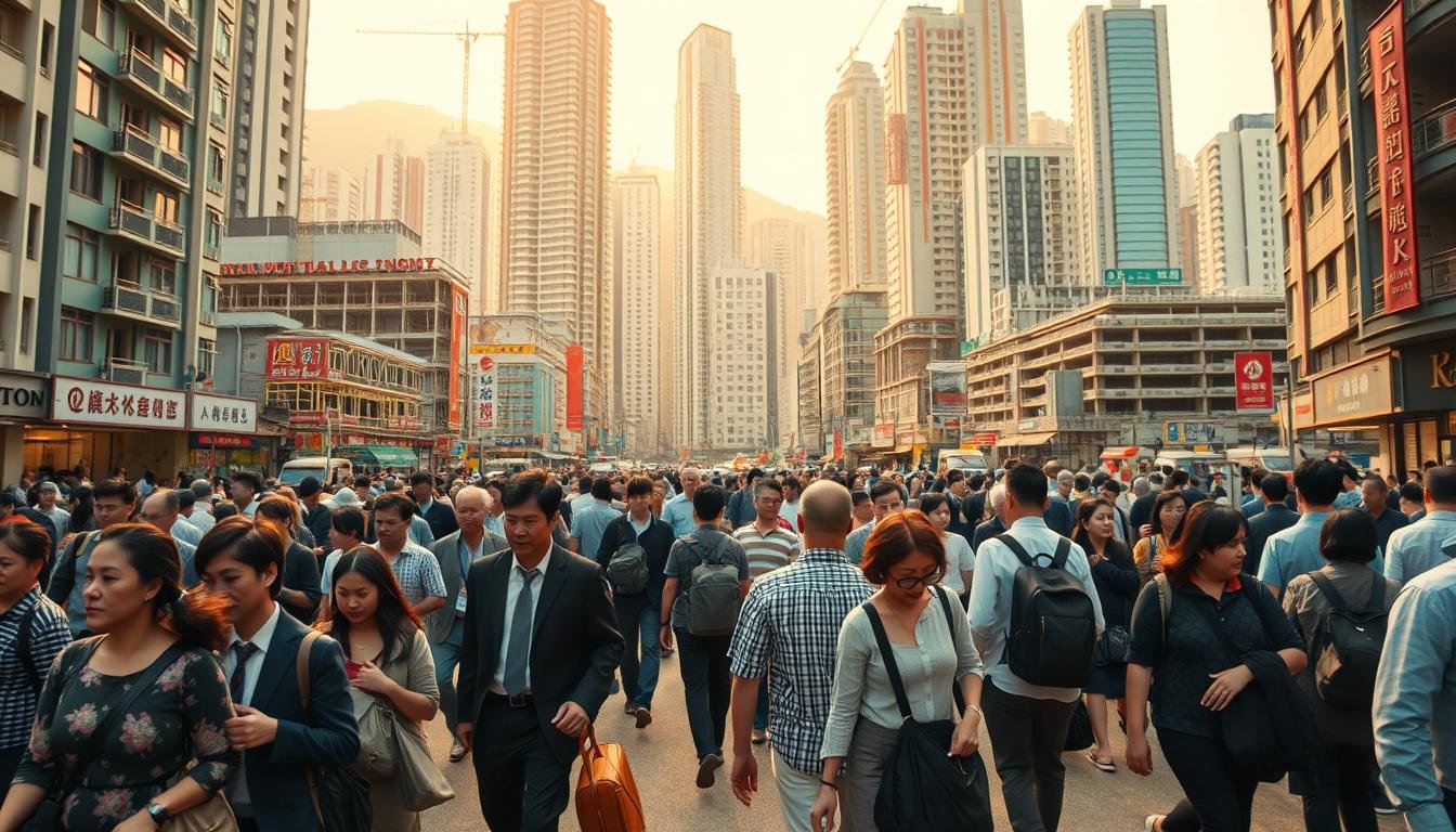 A bustling urban scene in Hong Kong, capturing the daily lives of non-permanent residents. In the foreground, a diverse group of people navigate the crowded streets, carrying briefcases and luggage, reflecting the transient nature of their residence. The middle ground showcases a mix of high-rise buildings, construction sites, and busy commercial districts, hinting at the challenges of finding affordable housing and employment. The background is bathed in a warm, golden light, creating a sense of vibrancy and energy, yet tinged with a subtle melancholy, suggesting the precarious status of these temporary residents. The scene is captured through a wide-angle lens, emphasizing the scale and density of the cityscape, with a cinematic depth of field to draw the viewer's attention to the human details. Overall, the image conveys the dynamism and complexity of non-permanent residents' experiences in the bustling metropolis of Hong Kong.