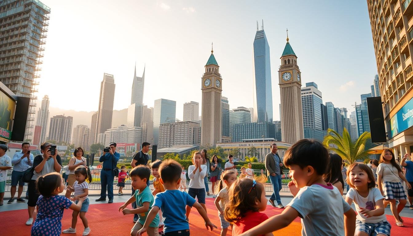 A bustling urban scene in Tsim Sha Tsui, Hong Kong, showcasing a variety of family-friendly activities and attractions. In the foreground, a group of children play in a vibrant, well-equipped playground, their laughter and energy filling the air. In the middle ground, parents and guardians supervise, capturing cherished moments on their cameras. In the background, the iconic architecture of Tsim Sha Tsui, including the towering skyscrapers and the historic Clock Tower, create a dynamic and picturesque skyline. The lighting is warm and golden, casting a welcoming glow over the entire scene. The composition is balanced, with a sense of depth and movement, inviting the viewer to explore the various elements of this vibrant family hub.