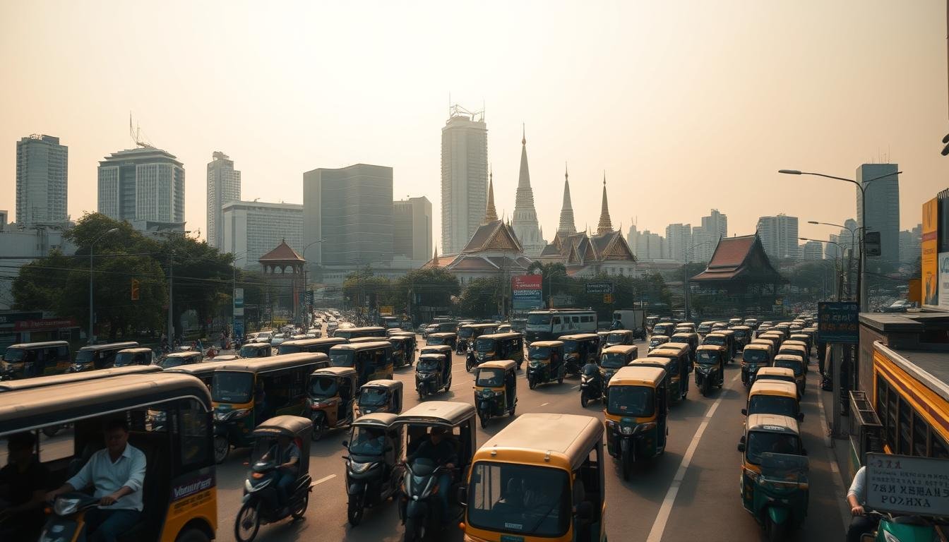 A bustling urban scene of Bangkok's transportation network, captured with a wide-angle lens. The foreground features an intricate web of tuk-tuks, motorbikes, and pedestrians navigating the congested streets, their movements creating a sense of dynamic energy. In the middle ground, towering skyscrapers and ornate Buddhist temples rise up, showcasing the city's diverse architectural landscape. The background is hazy with a warm, golden-hour glow, lending an atmospheric quality to the scene. The overall composition conveys the vibrant, chaotic, and sometimes dizzying nature of getting around in Thailand's capital city. A bustling urban scene of Bangkok's transportation network, captured with a wide-angle lens. The foreground features an intricate web of tuk-tuks, motorbikes, and pedestrians navigating the congested streets, their movements creating a sense of dynamic energy. In the middle ground, towering skyscrapers and ornate Buddhist temples rise up, showcasing the city's diverse architectural landscape. The background is hazy with a warm, golden-hour glow, lending an atmospheric quality to the scene. The overall composition conveys the vibrant, chaotic, and sometimes dizzying nature of getting around in Thailand's capital city.