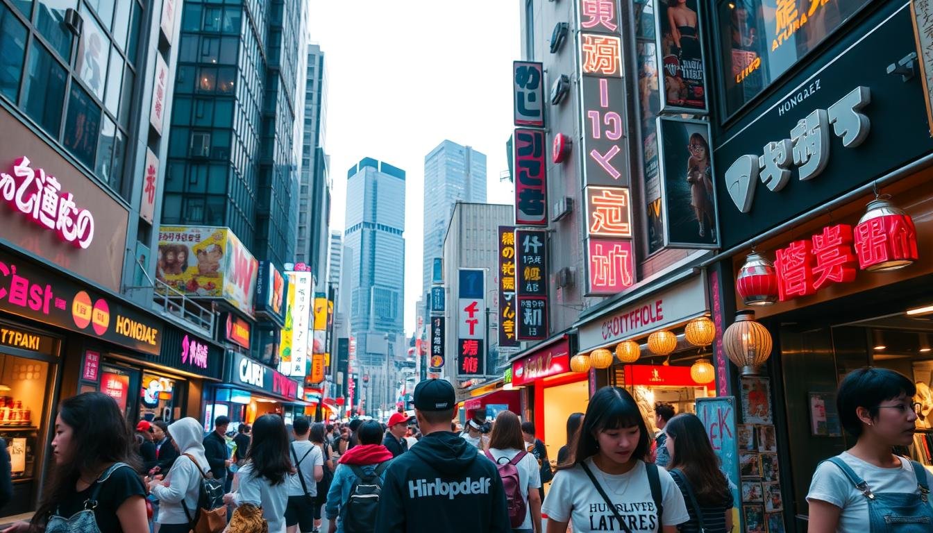 A bustling urban scene of Hongdae, Seoul's trendy shopping district. In the foreground, young fashionistas browse the latest streetwear and accessories at chic boutiques, their outfits a vibrant mix of contemporary styles. The middle ground showcases lively cafes, live music venues, and art galleries, all radiating a youthful, creative energy. In the background, modern high-rise buildings and neon signs create a dynamic, futuristic cityscape, bathed in a warm, atmospheric lighting. The overall atmosphere captures the essence of Hongdae - a hub for Korea's thriving youth culture, where fashion, music, and art converge in a captivating urban landscape. A bustling urban scene of Hongdae, Seoul's trendy shopping district. In the foreground, young fashionistas browse the latest streetwear and accessories at chic boutiques, their outfits a vibrant mix of contemporary styles. The middle ground showcases lively cafes, live music venues, and art galleries, all radiating a youthful, creative energy. In the background, modern high-rise buildings and neon signs create a dynamic, futuristic cityscape, bathed in a warm, atmospheric lighting. The overall atmosphere captures the essence of Hongdae - a hub for Korea's thriving youth culture, where fashion, music, and art converge in a captivating urban landscape.