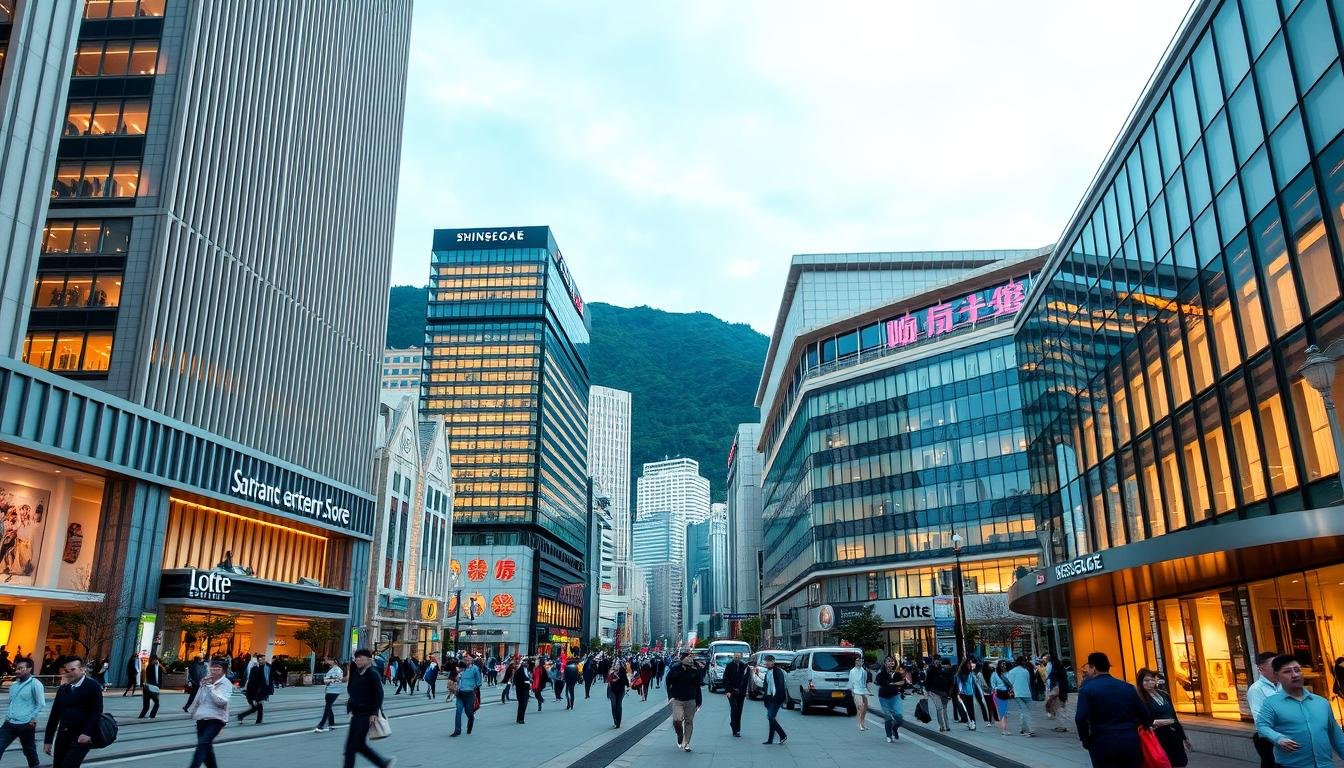 A bustling urban scene showcasing the architectural grandeur of Shinsegae Department Store and Lotte Department Store in Busan, South Korea. The towering modern facades with clean lines and glass facades stand tall against a backdrop of lush mountains. Shoppers stroll along the wide sidewalks, immersed in the vibrant energy of the city's premier shopping destinations. Warm, diffused lighting creates a welcoming ambiance, accentuating the upscale retail offerings and creating an inviting atmosphere for a premium shopping experience. The scene captures the essence of Busan's thriving retail landscape, enticing visitors to explore the city's top shopping hubs.