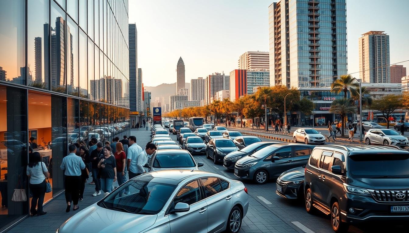 A bustling urban scene, with the skyline of Busan as the backdrop. In the foreground, a modern car rental office stands prominently, its sleek glass facade reflecting the surrounding cityscape. Customers queue patiently, engaged in animated discussions with the helpful staff. The middle ground features a variety of rental vehicles, ranging from compact sedans to spacious SUVs, each gleaming under the warm, golden-hued lighting. In the background, the streets are alive with the flow of traffic, pedestrians, and the vibrant energy of the city. The overall atmosphere conveys a sense of efficiency, convenience, and the excitement of planning a Busan road trip. A bustling urban scene, with the skyline of Busan as the backdrop. In the foreground, a modern car rental office stands prominently, its sleek glass facade reflecting the surrounding cityscape. Customers queue patiently, engaged in animated discussions with the helpful staff. The middle ground features a variety of rental vehicles, ranging from compact sedans to spacious SUVs, each gleaming under the warm, golden-hued lighting. In the background, the streets are alive with the flow of traffic, pedestrians, and the vibrant energy of the city. The overall atmosphere conveys a sense of efficiency, convenience, and the excitement of planning a Busan road trip.