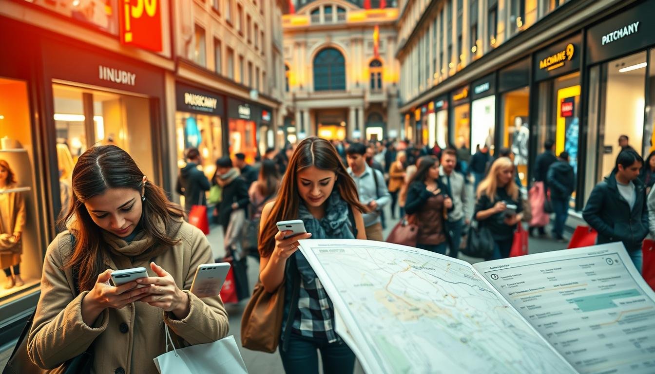 A bustling urban shopping district with diverse storefronts and vibrant window displays. In the foreground, a group of shoppers actively comparing prices and discounts on their smartphones, engrossed in the art of savvy bargaining. The middle ground features a map or guidebook, highlighting popular destinations and outlining an efficient shopping itinerary. The background showcases the grand architecture of the area, with a sense of energy and purpose as people hurry to and fro, bags in hand. Warm lighting illuminates the scene, creating a sense of productivity and purpose. The overall atmosphere conveys the thrill and strategy of a successful shopping expedition. A bustling urban shopping district with diverse storefronts and vibrant window displays. In the foreground, a group of shoppers actively comparing prices and discounts on their smartphones, engrossed in the art of savvy bargaining. The middle ground features a map or guidebook, highlighting popular destinations and outlining an efficient shopping itinerary. The background showcases the grand architecture of the area, with a sense of energy and purpose as people hurry to and fro, bags in hand. Warm lighting illuminates the scene, creating a sense of productivity and purpose. The overall atmosphere conveys the thrill and strategy of a successful shopping expedition.