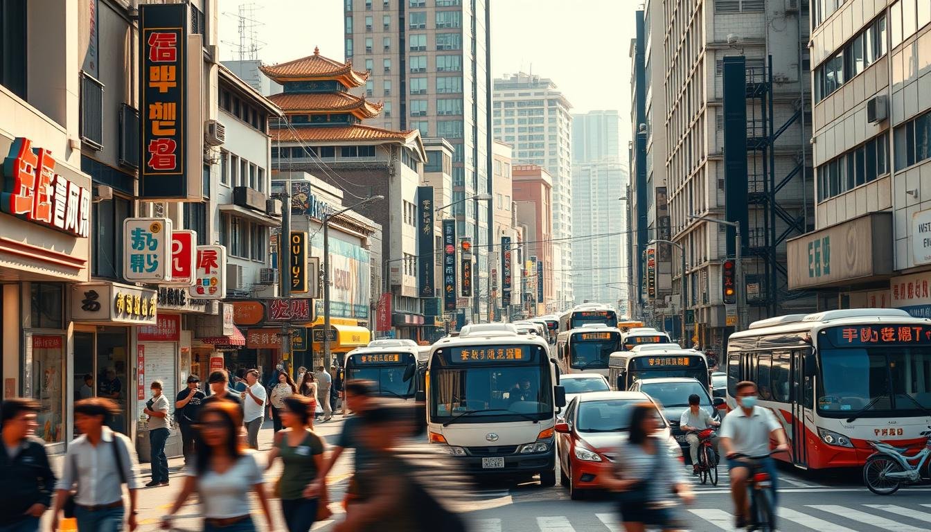 A bustling urban street in Busan or Jeju, South Korea, captured through a wide-angle lens. In the foreground, pedestrians navigate the sidewalk, their movement blurred to convey a sense of pace and energy. The middle ground features a mix of traditional and modern architecture, with colorful signage and storefronts. In the background, a mixture of transportation modes - buses, taxis, and bicycles - weave through the gridlock, suggesting the dynamic flow of the city. Warm, golden-hued natural lighting filters through, creating an inviting and vibrant atmosphere that captures the essence of navigating the transportation and travel tips of the region. A bustling urban street in Busan or Jeju, South Korea, captured through a wide-angle lens. In the foreground, pedestrians navigate the sidewalk, their movement blurred to convey a sense of pace and energy. The middle ground features a mix of traditional and modern architecture, with colorful signage and storefronts. In the background, a mixture of transportation modes - buses, taxis, and bicycles - weave through the gridlock, suggesting the dynamic flow of the city. Warm, golden-hued natural lighting filters through, creating an inviting and vibrant atmosphere that captures the essence of navigating the transportation and travel tips of the region.