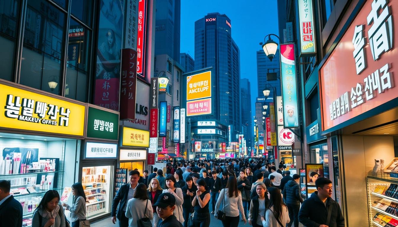 A bustling urban street in Seoul, South Korea, with a focus on the beauty and cosmetic shopping experience. In the foreground, well-lit store fronts showcase the latest Korean makeup and skincare products, with vibrant window displays and enticing signage. In the middle ground, a crowd of shoppers navigate the sidewalks, carrying shopping bags and examining products. The background features a mix of high-rise buildings, neon signs, and street lamps, creating a dynamic and energetic atmosphere. The lighting is warm and inviting, with a slight blue-tinted haze to suggest the cool, crisp air. The camera angle is slightly elevated, offering a bird's-eye view of the bustling scene, emphasizing the scale and energy of the shopping district.