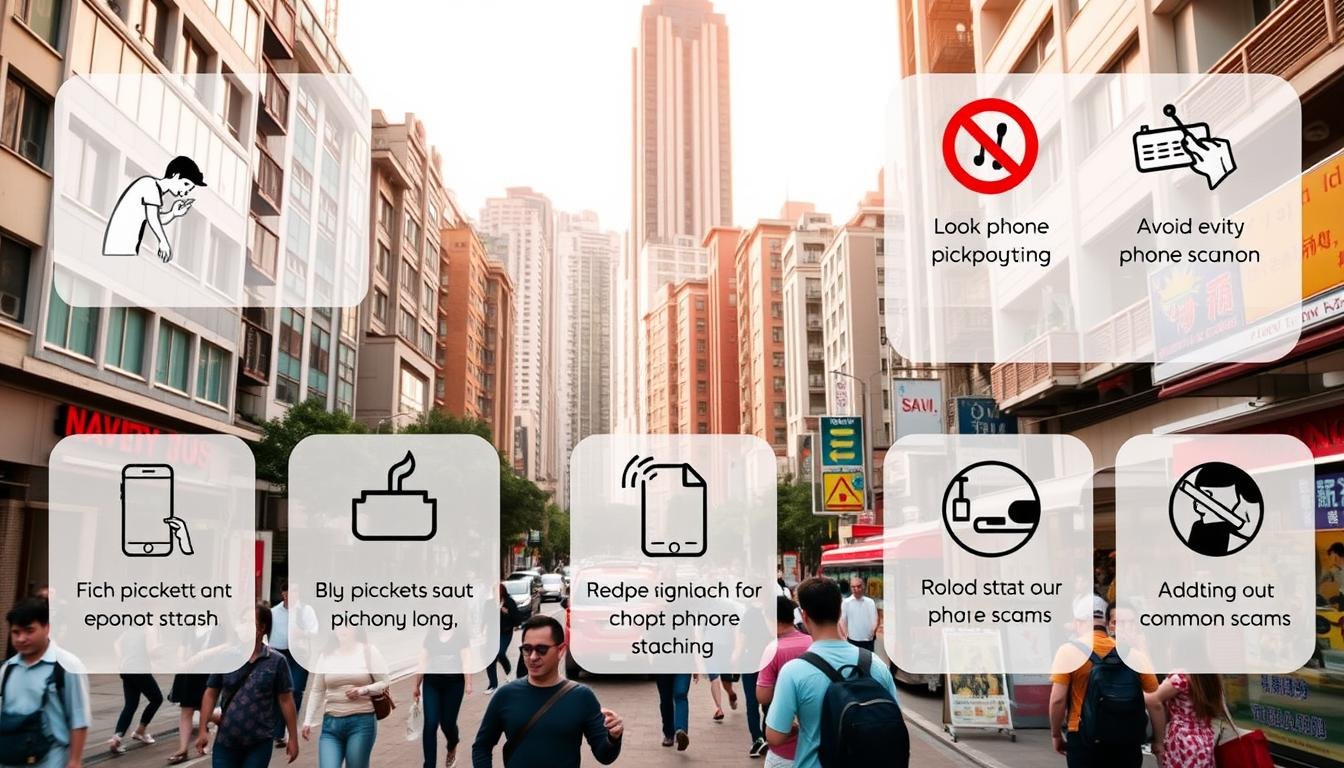 A bustling urban street scene in Hong Kong, with pedestrians and vehicles navigating the lively sidewalks. In the foreground, a series of informative pictograms and icons illustrate practical tips for avoiding pickpocketing, phone snatching, and common scams. The middle ground features a blend of modern high-rises and traditional shophouses, creating a visually dynamic backdrop. Warm, diffused lighting casts a welcoming glow, while the overall composition conveys a sense of safety awareness and community vigilance. The image aims to provide practical, easy-to-understand guidance for navigating the city's streets with confidence.