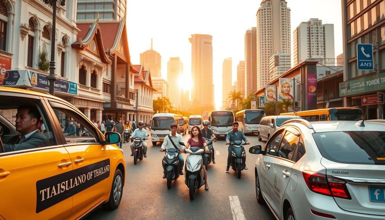 A bustling urban streetscape in Thailand, showcasing the local transportation system and the safety of ride-hailing apps. In the foreground, a well-maintained taxi cab waits patiently, its driver attentive and professional. Nearby, a group of passengers confidently approach a modern, clean rideshare vehicle, their faces reflecting a sense of security and trust. In the middle ground, a mix of pedestrians, motorcycles, and public buses navigate the streets, all adhering to traffic signals and safety protocols. The background is a vibrant blend of traditional Thai architecture and modern skyscrapers, bathed in warm, golden light that conveys a sense of prosperity and progress. The overall scene exudes a tone of efficiency, reliability, and the seamless integration of technology into the daily transportation experience.