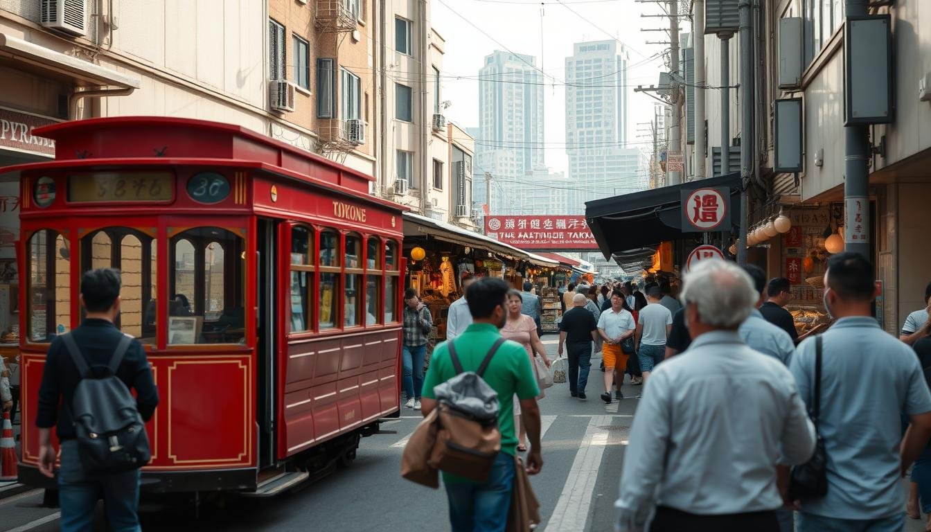 A bustling weekday morning at the Tokyo Antique Market, with pedestrians and vehicles navigating the narrow streets and alleyways. In the foreground, a vintage-inspired trolley passes by, its bright red color standing out against the muted tones of the surrounding buildings. In the middle ground, shoppers and dealers browse the stalls, their faces obscured by the soft, diffused lighting that filters through the overhead awnings. In the background, the iconic silhouettes of skyscrapers rise up, hinting at the modern metropolis that surrounds this historic marketplace. The scene conveys a sense of harmony between the old and the new, with the antique market serving as a timeless hub of activity and commerce in the heart of Tokyo.