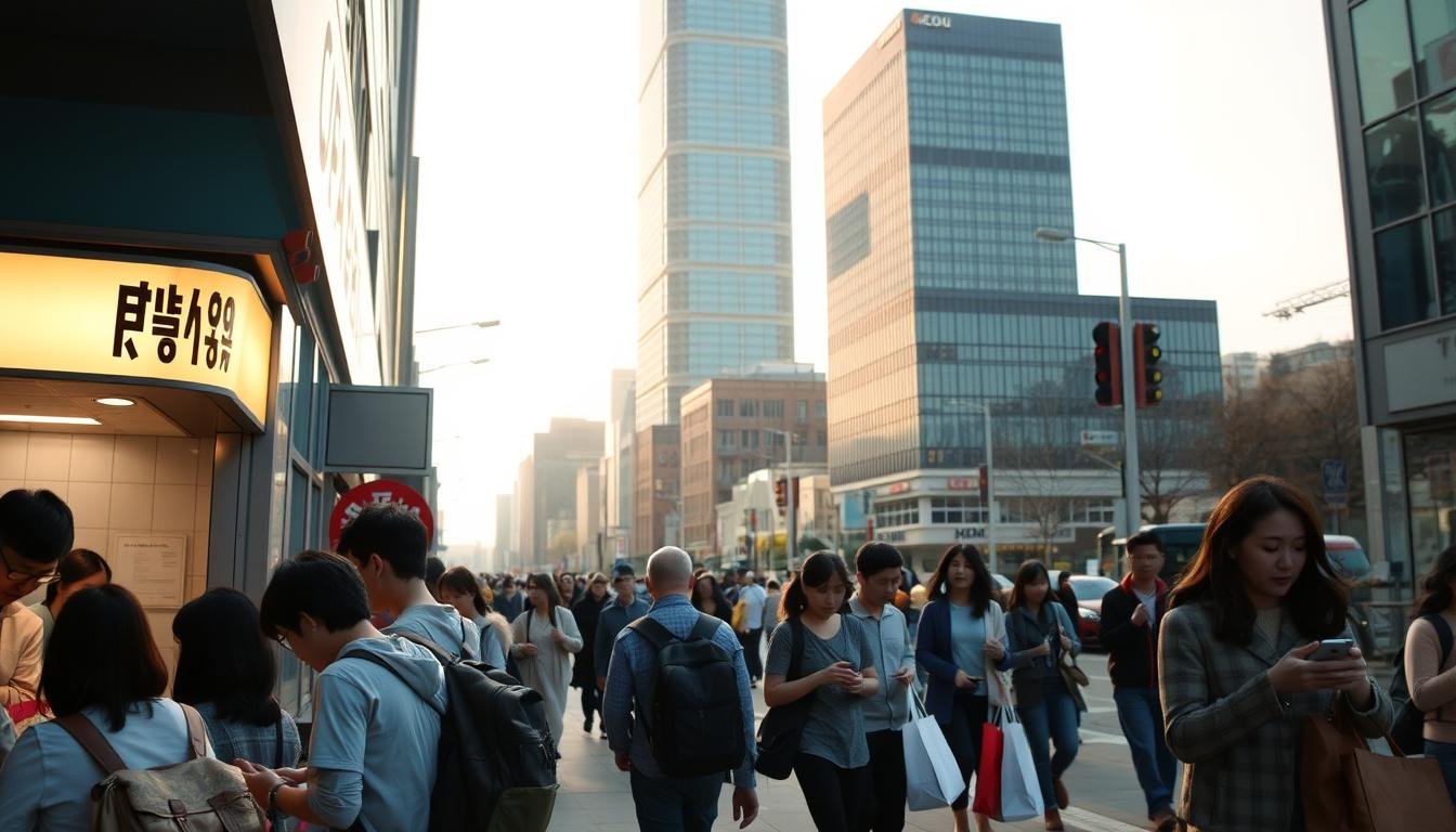 A busy city street in Seoul, South Korea, captured in a mid-afternoon light. In the foreground, a group of tourists exchange currency at a well-lit currency exchange booth, their faces illuminated by the booth's soft lighting. In the middle ground, pedestrians hurry along the sidewalk, some carrying shopping bags, others glancing at their smartphones. In the background, a towering skyscraper dominates the skyline, its glass facade reflecting the warm hues of the sky. The overall scene conveys a sense of urban hustle and bustle, with a focus on the practical aspects of travel, such as managing finances and staying connected.