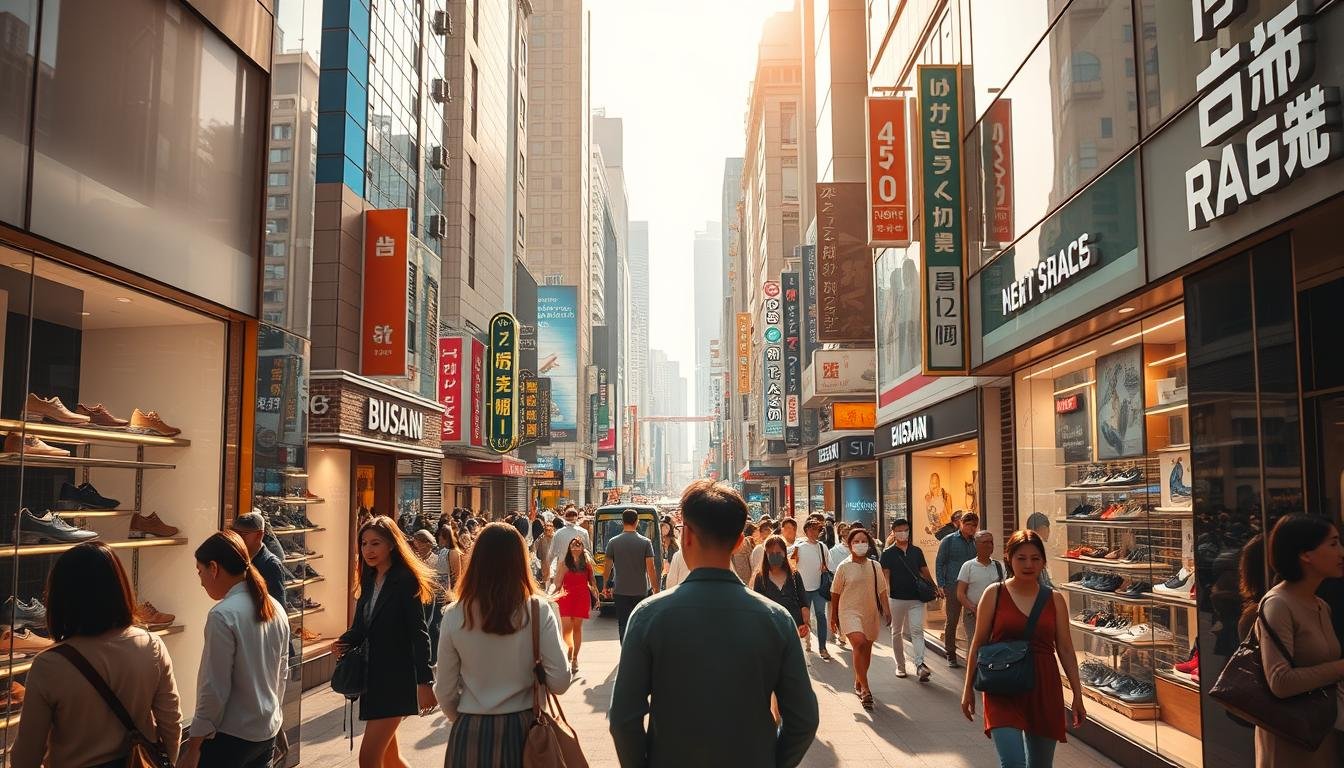 A busy street scene in Busan, South Korea, showcasing the vibrant shopping district. In the foreground, a group of stylish shoppers browse the window displays of high-end shoe stores, examining the latest fashionable footwear. The middle ground is filled with bustling foot traffic, pedestrians navigating the lively sidewalks and crossing the streets. In the background, towering buildings and neon signs create a dynamic, metropolitan atmosphere. Warm, golden sunlight casts a welcoming glow, highlighting the energy and excitement of the popular shopping destination. The overall composition conveys the excitement and allure of finding the perfect pair of shoes in Busan.