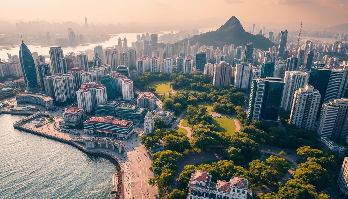 A captivating aerial view of the historical Tsim Sha Tsui district, showcasing its dynamic evolution over time. The foreground depicts the bustling promenade along the Victoria Harbour, with iconic landmarks such as the Clock Tower and the former Marine Police Headquarters. The middle ground features the lush greenery of Kowloon Park, contrasting with the towering skyscrapers that have risen in recent decades. The background showcases the vibrant cityscape, with the distinctive peaks of Lion Rock and Beacon Hill in the distance, providing a glimpse into Tsim Sha Tsui's deep-rooted connections to the Kowloon Peninsula. The lighting is warm and golden, creating a nostalgic atmosphere that celebrates the district's rich heritage.
