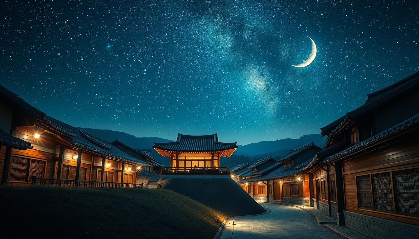 A captivating night scene of a traditional Korean hanok village nestled beneath a starry sky. In the foreground, the elegant curves and warm wooden tones of the historic hanok structures create a timeless ambiance. The middle ground features a tranquil library pavilion with expansive windows, inviting visitors to step inside and immerse themselves in the knowledge of the ages. The background showcases a stunning panorama of the night sky, with millions of twinkling stars and a crescent moon casting a gentle glow over the entire scene. Soft lighting illuminates the pathways, evoking a sense of wonder and cultural immersion. The composition blends the old and the new, creating a harmonious and captivating vision of Korea's rich heritage and modern allure. A captivating night scene of a traditional Korean hanok village nestled beneath a starry sky. In the foreground, the elegant curves and warm wooden tones of the historic hanok structures create a timeless ambiance. The middle ground features a tranquil library pavilion with expansive windows, inviting visitors to step inside and immerse themselves in the knowledge of the ages. The background showcases a stunning panorama of the night sky, with millions of twinkling stars and a crescent moon casting a gentle glow over the entire scene. Soft lighting illuminates the pathways, evoking a sense of wonder and cultural immersion. The composition blends the old and the new, creating a harmonious and captivating vision of Korea's rich heritage and modern allure.