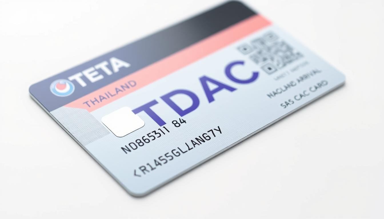 A close-up detailed rendering of the Thailand Digital Arrival Card (TDAC), showcasing its sleek design and modern features. The card is rendered with a high-quality photorealistic sheen, capturing the crisp edges, vibrant colors, and intricate security patterns. The TDAC is positioned in the foreground, surrounded by a minimalist white background that allows the card to be the central focus. Subtle ambient lighting accentuates the textural elements and creates a sense of depth and dimension. The overall composition conveys a clean, professional, and authoritative aesthetic, befitting the official government document being depicted. A close-up detailed rendering of the Thailand Digital Arrival Card (TDAC), showcasing its sleek design and modern features. The card is rendered with a high-quality photorealistic sheen, capturing the crisp edges, vibrant colors, and intricate security patterns. The TDAC is positioned in the foreground, surrounded by a minimalist white background that allows the card to be the central focus. Subtle ambient lighting accentuates the textural elements and creates a sense of depth and dimension. The overall composition conveys a clean, professional, and authoritative aesthetic, befitting the official government document being depicted.