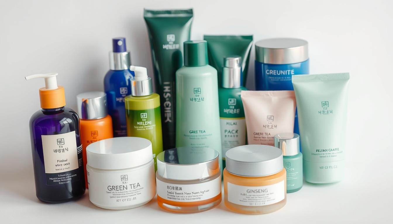 A close-up display of various Korean cosmetic products arranged on a clean, minimalist background. The products showcase a range of vibrant colors, sleek packaging, and intriguing ingredients like green tea, ginseng, and snail secretion filtrate. The lighting is soft and diffused, highlighting the high-quality textures and finishes of the items. The composition is balanced, with the products occupying the center of the frame, allowing the viewer to closely examine their details. An atmosphere of sophistication and attention to quality permeates the scene, reflecting the reputation of Korean beauty brands.