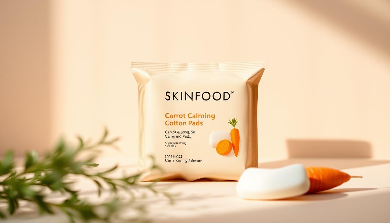 A close-up photograph of a package of SKINFOOD Carrot Calming Cotton Pads, featuring a soft, natural-looking composition against a muted, soothing background. The package is displayed prominently in the center, showcasing the brand name and product details in a clean, minimalist design. The lighting is soft and diffused, creating a calming, relaxing atmosphere. The image is captured at a slightly low angle, emphasizing the product's texture and quality. The overall mood is serene and inviting, reflecting the soothing and nourishing nature of the Korean skincare product. A close-up photograph of a package of SKINFOOD Carrot Calming Cotton Pads, featuring a soft, natural-looking composition against a muted, soothing background. The package is displayed prominently in the center, showcasing the brand name and product details in a clean, minimalist design. The lighting is soft and diffused, creating a calming, relaxing atmosphere. The image is captured at a slightly low angle, emphasizing the product's texture and quality. The overall mood is serene and inviting, reflecting the soothing and nourishing nature of the Korean skincare product.