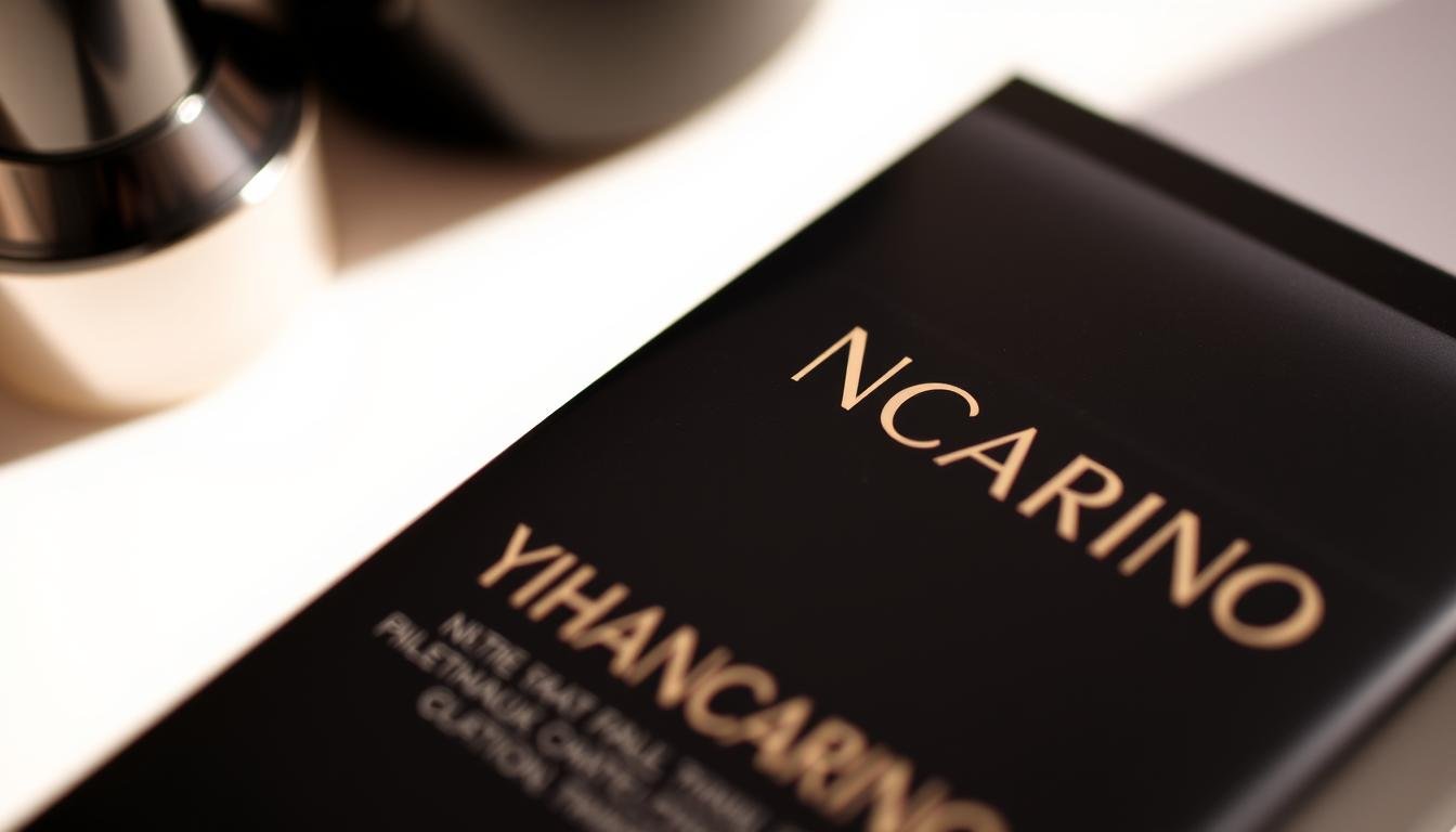 A close-up shot of a makeup product package with a sleek, minimalist design. The front features the brand name "YIHANCARINO" in bold, stylized lettering, set against a matte black background. The packaging has a high-quality, luxurious feel, hinting at the product's premium quality. The lighting is soft and diffused, creating a warm, inviting atmosphere. The angle is slightly angled, giving the image a dynamic, modern composition. The background is slightly blurred, keeping the focus on the product itself, which is the central point of interest. A close-up shot of a makeup product package with a sleek, minimalist design. The front features the brand name "YIHANCARINO" in bold, stylized lettering, set against a matte black background. The packaging has a high-quality, luxurious feel, hinting at the product's premium quality. The lighting is soft and diffused, creating a warm, inviting atmosphere. The angle is slightly angled, giving the image a dynamic, modern composition. The background is slightly blurred, keeping the focus on the product itself, which is the central point of interest.