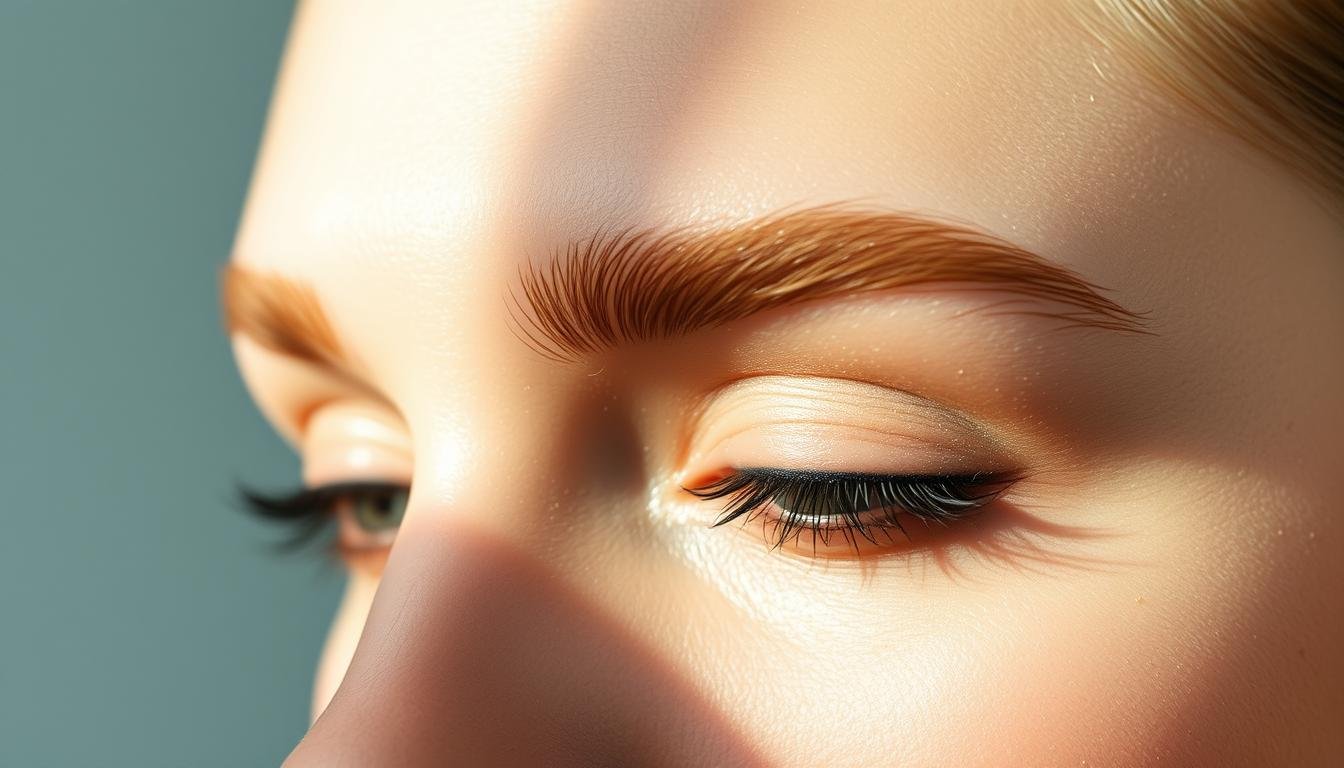 A close-up shot of a model's face, illuminated by soft, natural lighting. The focus is on her eyebrows, which are well-groomed and shaped with precision. The brows have a natural, feathered appearance, with a slightly bold yet refined look. The color and shading blend seamlessly, creating a dimensional and lifelike effect. The skin has a dewy, flawless complexion, complementing the refined brow makeup. The overall atmosphere conveys a sense of elegant simplicity, highlighting the model's natural beauty and the artistry of the eyebrow application.