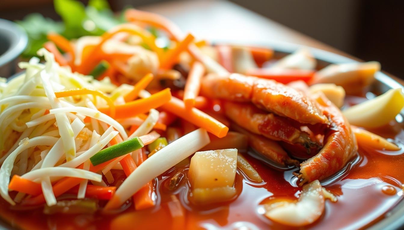 A close-up shot of a plate of meticulously prepared Taiwanese-style pickled dishes, known as "sheng cun". The foreground features a selection of vibrant, brightly colored pickled vegetables and seafood, including shredded cabbage, carrots, daikon, and sliced crab legs. The middle ground showcases the rich, amber-hued pickling liquid, with subtle notes of garlic, ginger, and spices. The background is softly blurred, creating a sense of depth and focus on the artfully arranged ingredients. The lighting is warm and natural, casting a inviting glow on the table setting. The overall composition conveys the rustic, homemade quality of this traditional Taiwanese culinary delight.
