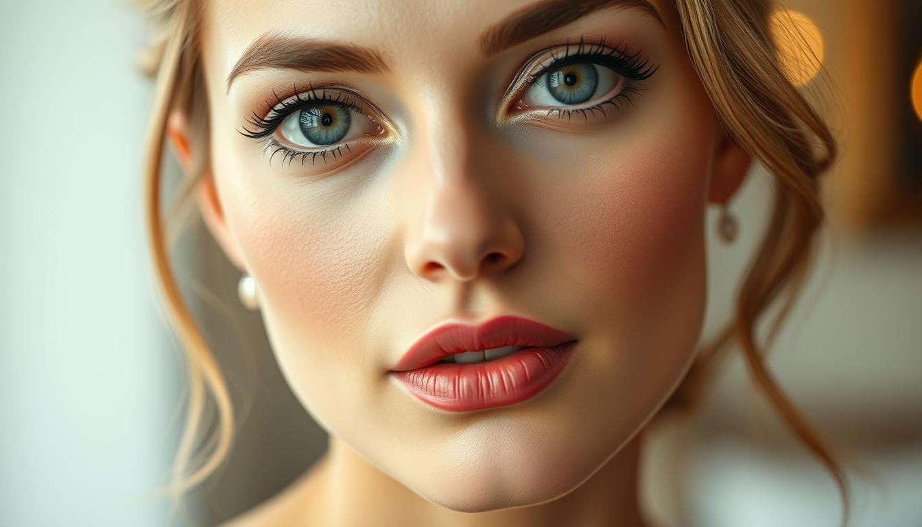 A close-up shot of an elegant woman's face, with soft, natural-looking makeup that enhances her features. The lighting is soft and diffused, creating a warm, inviting atmosphere. The focus is on her eyes, which are accentuated with subtle eyeliner and mascara, giving them a wide-awake, yet natural appearance. Her skin appears flawless, with a dewy, radiant glow achieved through skillful blending of foundation and highlighter. The corners of her mouth are slightly upturned, suggesting a serene, confident expression. The background is blurred, placing all attention on the woman's face and her artfully applied makeup. A close-up shot of an elegant woman's face, with soft, natural-looking makeup that enhances her features. The lighting is soft and diffused, creating a warm, inviting atmosphere. The focus is on her eyes, which are accentuated with subtle eyeliner and mascara, giving them a wide-awake, yet natural appearance. Her skin appears flawless, with a dewy, radiant glow achieved through skillful blending of foundation and highlighter. The corners of her mouth are slightly upturned, suggesting a serene, confident expression. The background is blurred, placing all attention on the woman's face and her artfully applied makeup.