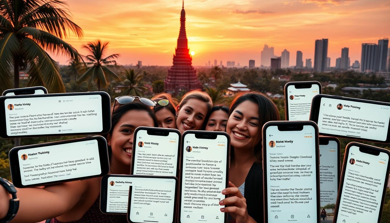 A collage of smartphone screens displaying enthusiastic online reviews and success stories, set against a vibrant, tropical backdrop. In the foreground, a group of smiling tourists pose for a group selfie in front of a renowned Thai landmark. In the middle ground, testimonials from satisfied travelers are showcased on various digital devices, while the background features lush palm trees, a stunning sunset, and the silhouettes of skyscrapers in the distance, creating a sense of the perfect Thai getaway. The lighting is warm and inviting, with a slightly cinematic quality, and the overall composition conveys a mood of excitement, discovery, and the shared joy of exploring Thailand's wonders. A collage of smartphone screens displaying enthusiastic online reviews and success stories, set against a vibrant, tropical backdrop. In the foreground, a group of smiling tourists pose for a group selfie in front of a renowned Thai landmark. In the middle ground, testimonials from satisfied travelers are showcased on various digital devices, while the background features lush palm trees, a stunning sunset, and the silhouettes of skyscrapers in the distance, creating a sense of the perfect Thai getaway. The lighting is warm and inviting, with a slightly cinematic quality, and the overall composition conveys a mood of excitement, discovery, and the shared joy of exploring Thailand's wonders.
