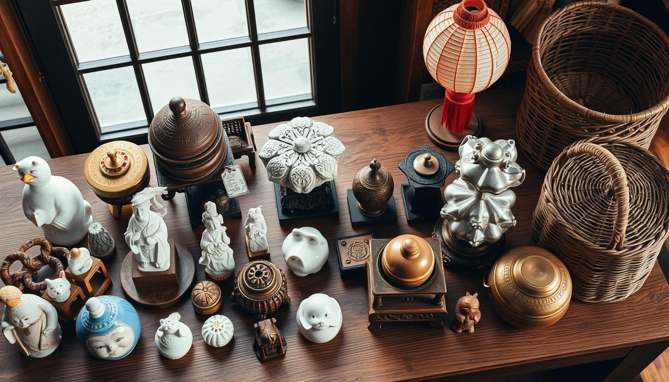 A collection of traditional Hong Kong handicrafts arranged artfully on a wooden table, illuminated by warm, natural lighting. Intricate ceramic figurines, delicate paper lanterns, and carved wooden trinkets are displayed alongside antique brass incense burners and woven bamboo baskets. The items are photographed from a slight overhead angle, creating a sense of curation and highlighting the textures and craftsmanship. The overall mood is one of heritage, elegance, and appreciation for time-honored artisanal traditions.