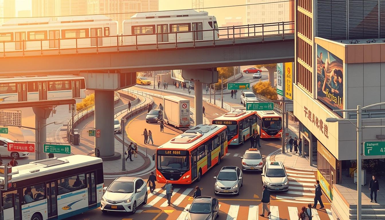 A comprehensive transportation guide illustrated with a meticulously crafted image. The scene depicts the bustling intersection of a Korean city, showcasing various modes of public transport - from subway cars gliding through elevated tracks to buses and taxis navigating the streets below. The composition balances the dynamic movement of vehicles with the serene presence of pedestrians, creating a harmonious flow. Warm lighting casts a golden glow, evoking a sense of comfort and accessibility. Attention to detail is paramount, with each element - from the sleek design of the transportation infrastructure to the vibrant signage - contributing to the overall clarity and informative nature of the image. The end result is a visually captivating guide that seamlessly aligns with the article's theme of family-friendly Korean travel.