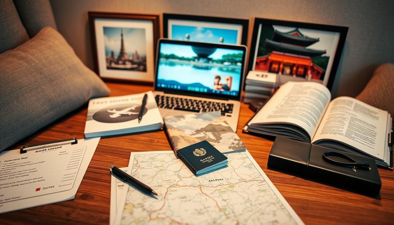 A cozy Korean group travel preparation scene. In the foreground, a travelers' checklist, pen, and passport lie on a wooden table, along with a map of South Korea. In the middle, a laptop displays airline and accommodation bookings, with a travel guidebook and phrasebook nearby. In the background, framed photos of Seoul's skyline, Jeju Island's beaches, and Gyeongbokgung Palace create a sense of anticipation. Soft, warm lighting illuminates the scene, evoking the excitement of an upcoming group adventure. The overall mood is organized, focused, and eager, reflecting the practical steps needed to embark on a memorable Korean group tour.